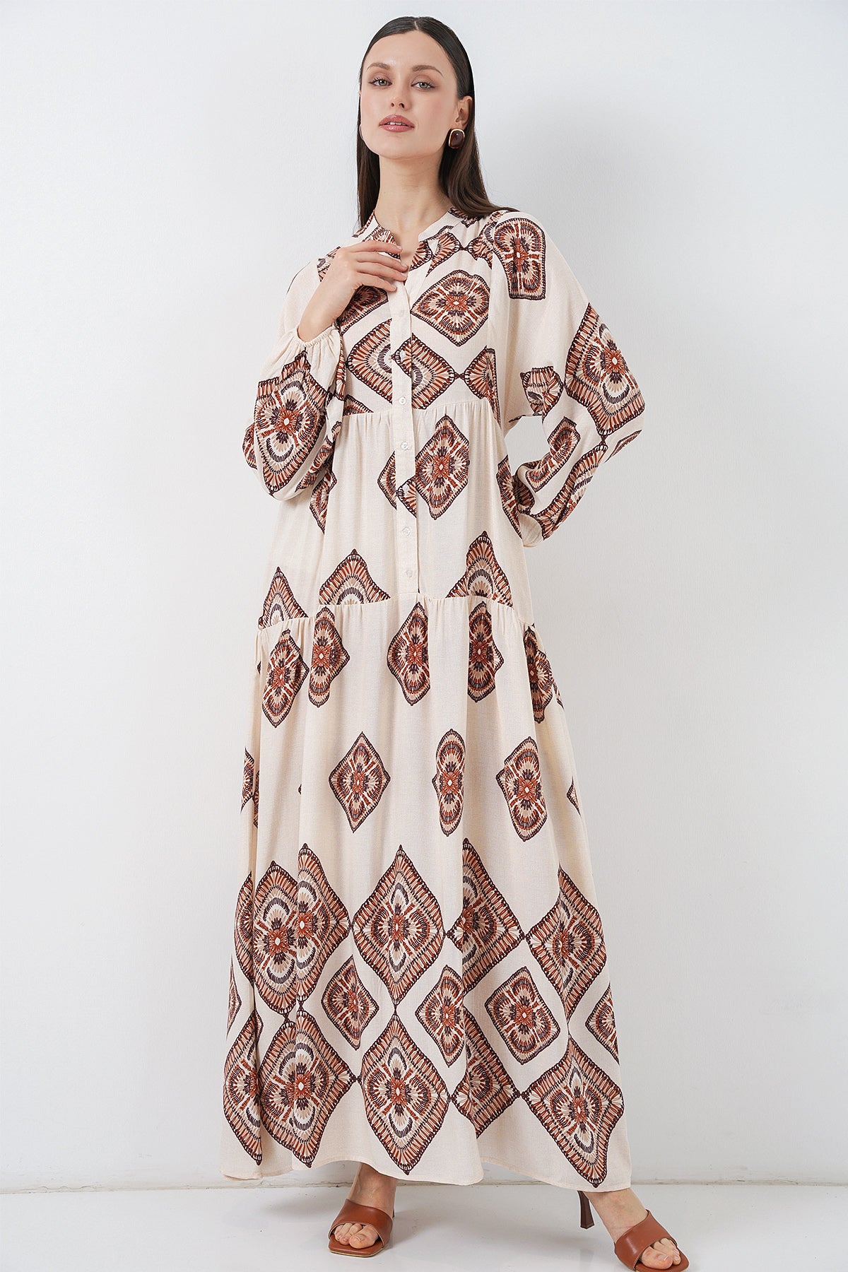 Image of Rochie lungă hijab cu imprimeu pentru femei 2585 - Ecru Maro