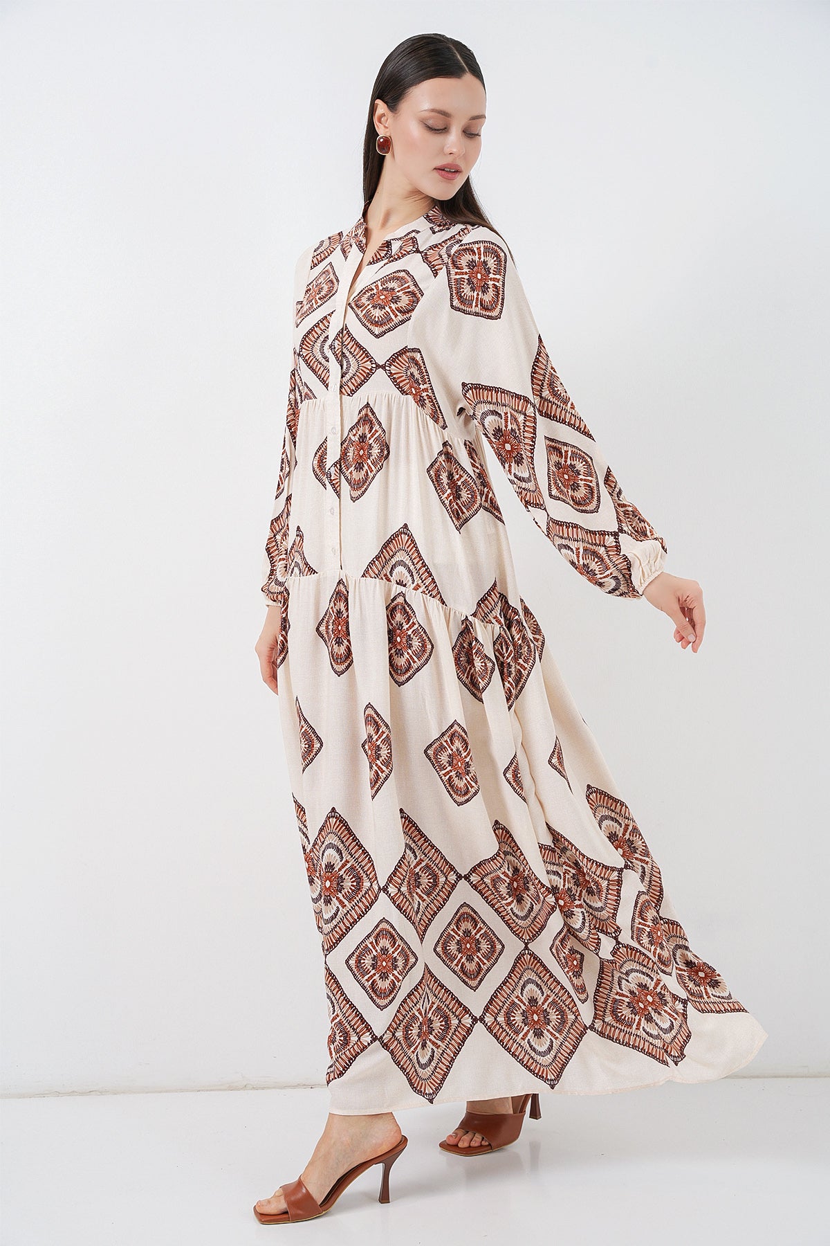 Image of Rochie lungă hijab cu imprimeu pentru femei 2585 - Ecru Maro