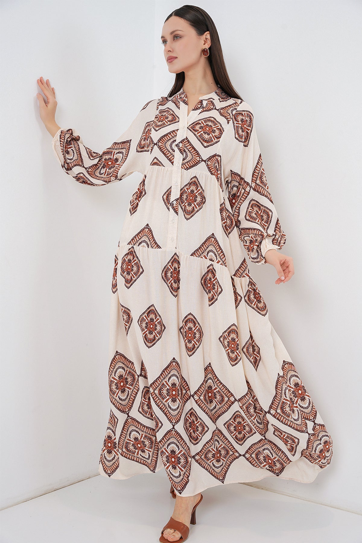 Image of Rochie lungă hijab cu imprimeu pentru femei 2585 - Ecru Maro