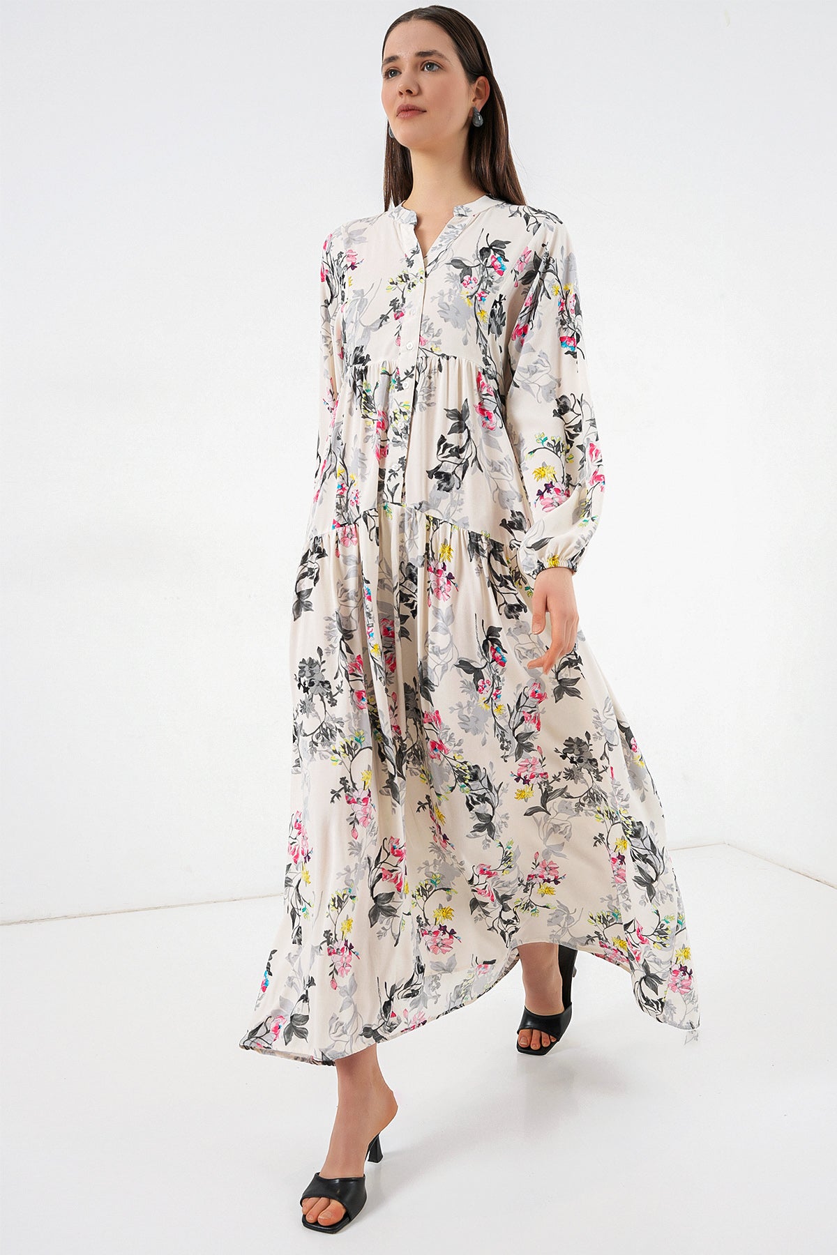 Image of Women's Patterned Long Hijab Dress 2585 - Light Gray