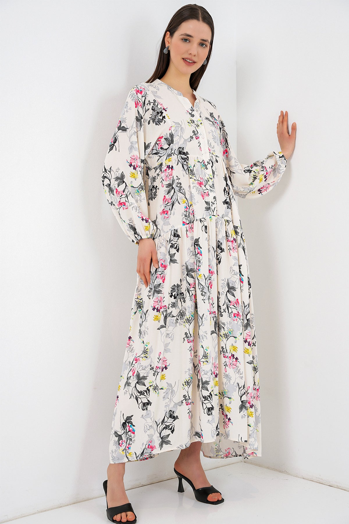 Image of Women's Patterned Long Hijab Dress 2585 - Light Gray