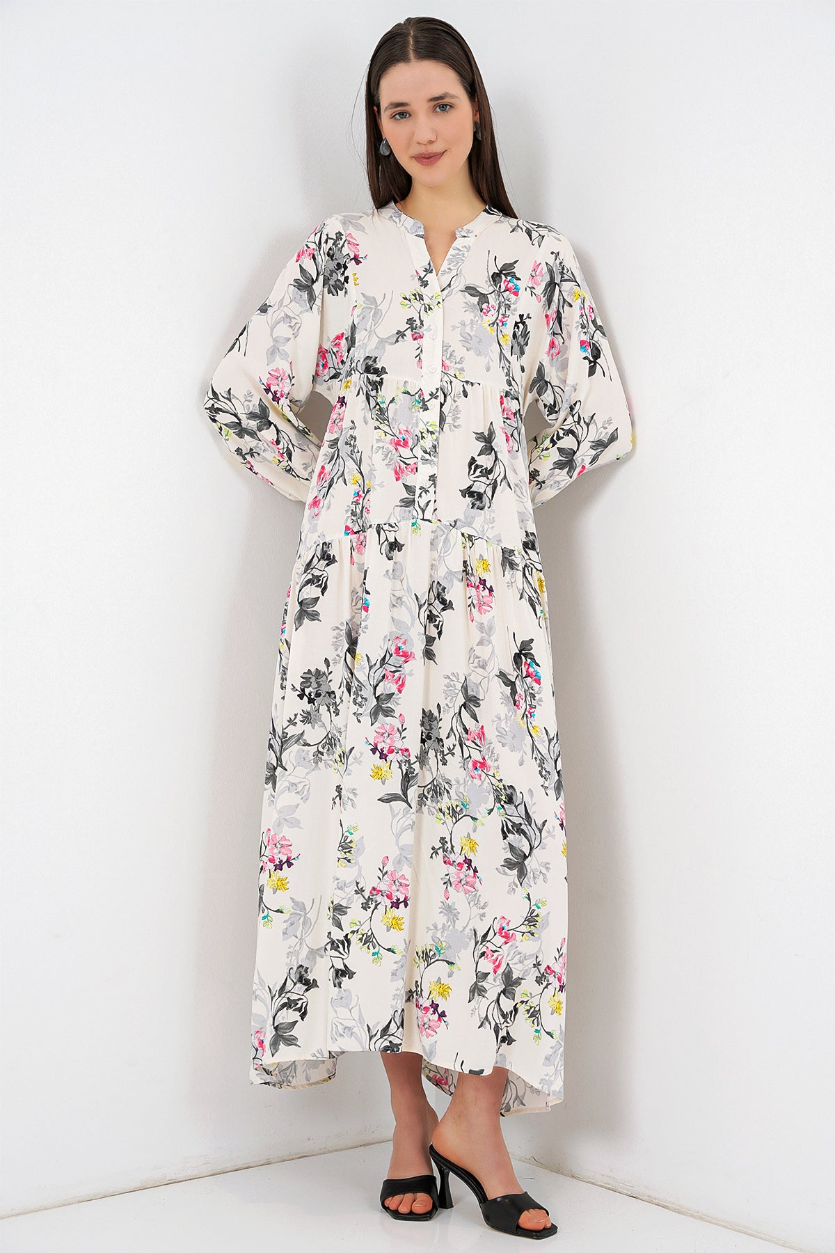 Image of Women's Patterned Long Hijab Dress 2585 - Light Gray