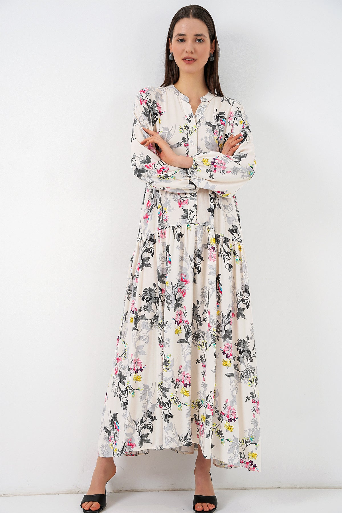 Image of Women's Patterned Long Hijab Dress 2585 - Light Gray