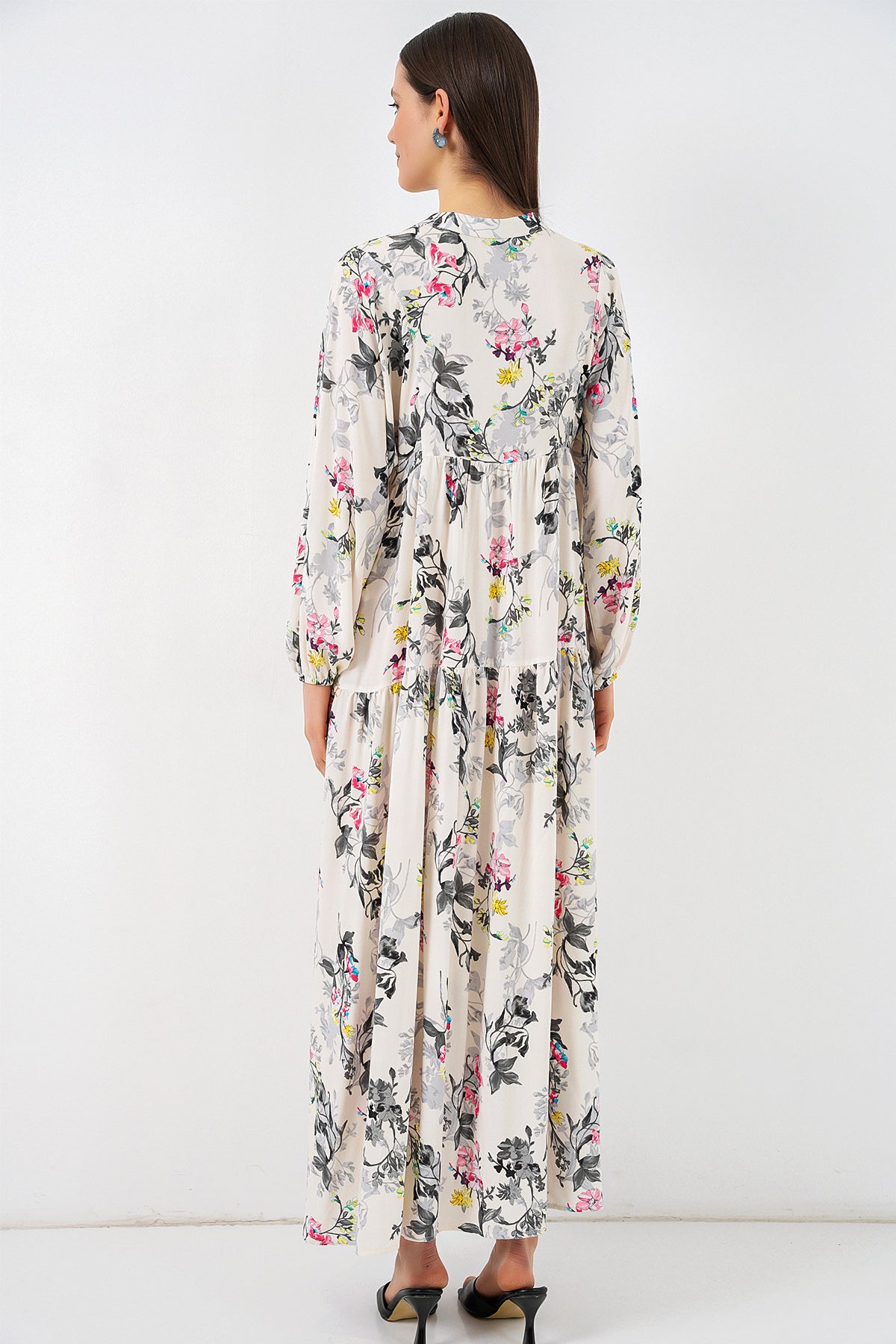 Image of Women's Patterned Long Hijab Dress 2585 - Light Gray