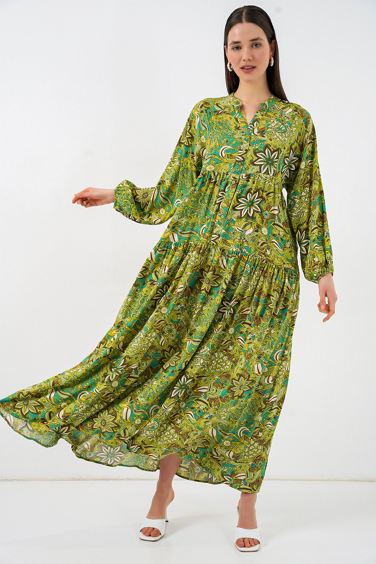 Image of Women's Patterned Long Hijab Dress 2585 - Dark Green