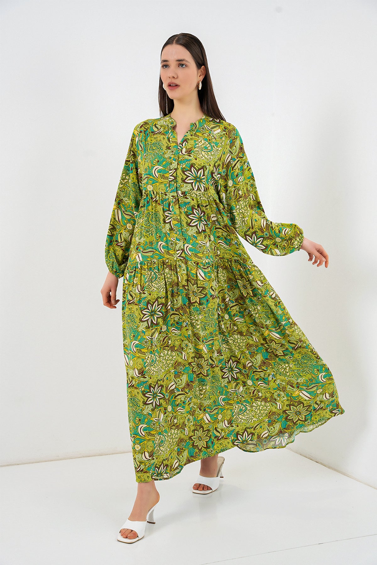 Image of Women's Patterned Long Hijab Dress 2585 - Dark Green