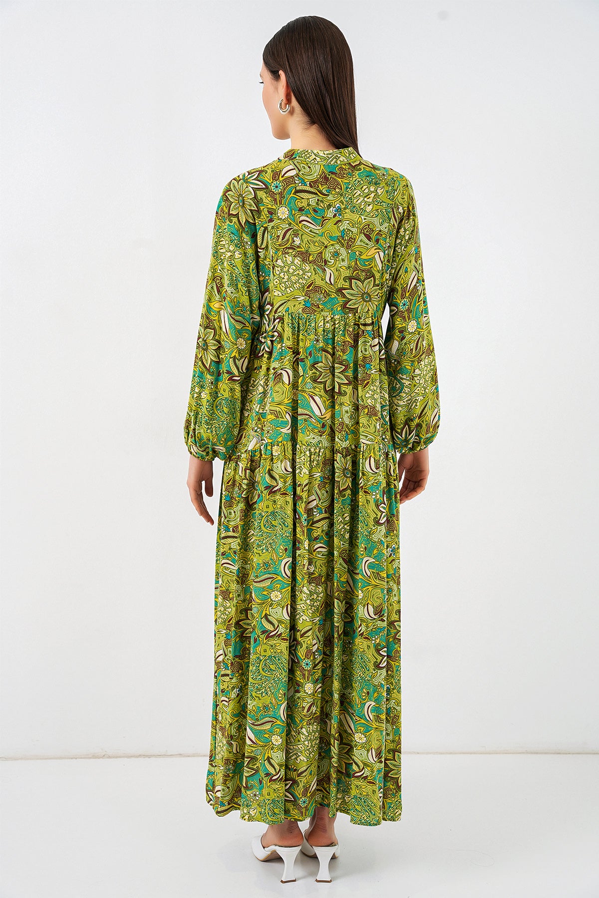 Image of Women's Patterned Long Hijab Dress 2585 - Dark Green
