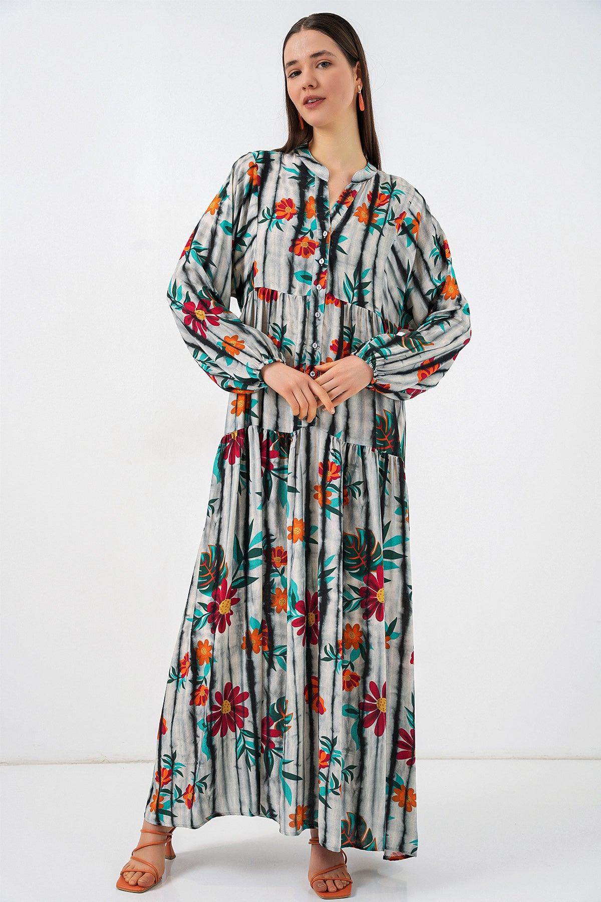 Image of Women's Patterned Long Hijab Dress 2585 - Dark Anthracite