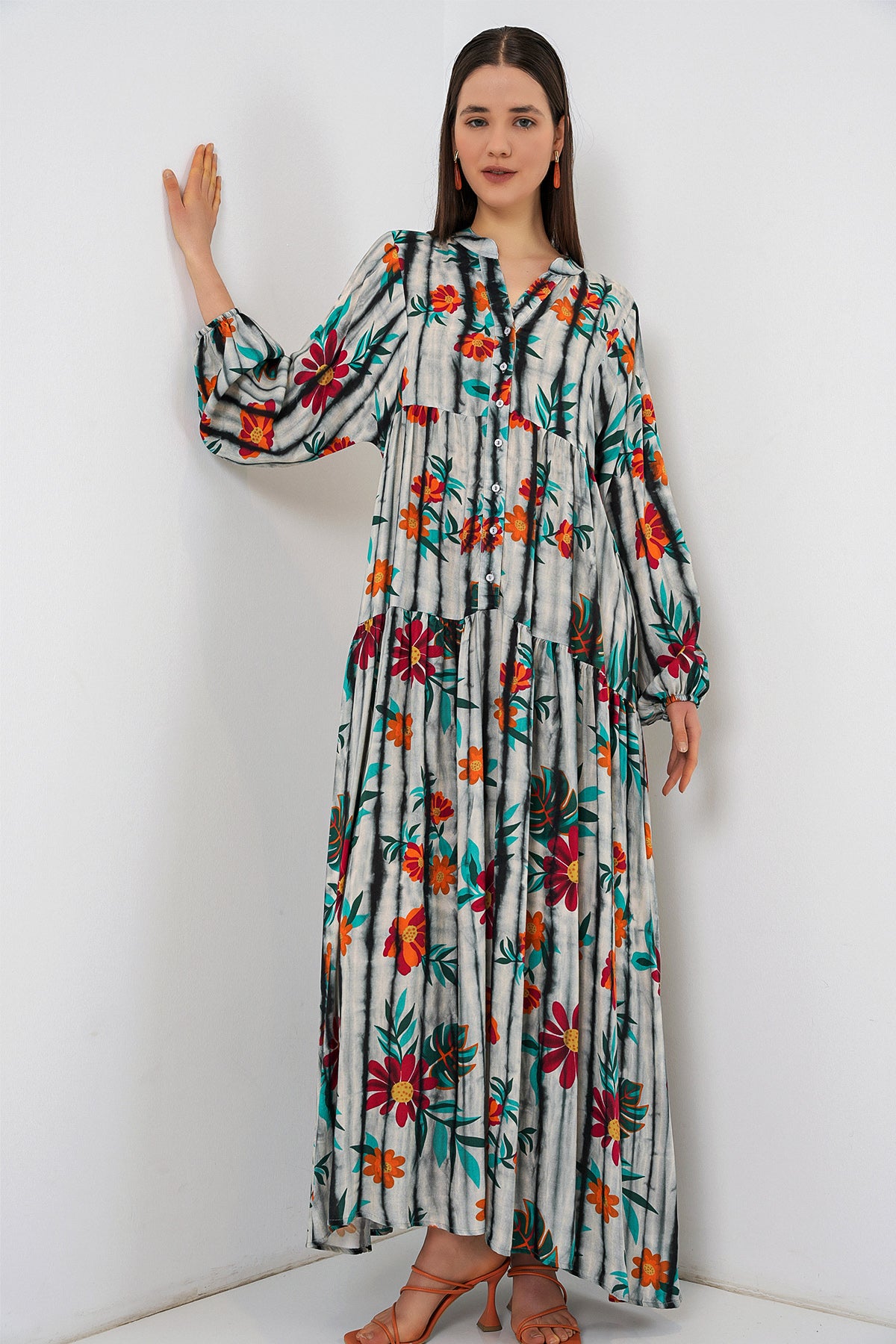 Image of Women's Patterned Long Hijab Dress 2585 - Dark Anthracite
