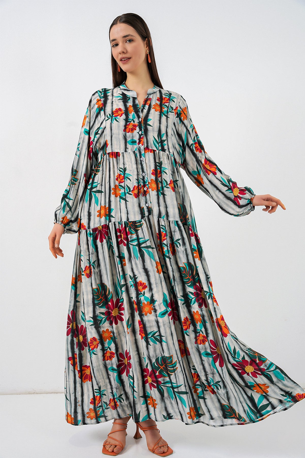 Image of Women's Patterned Long Hijab Dress 2585 - Dark Anthracite