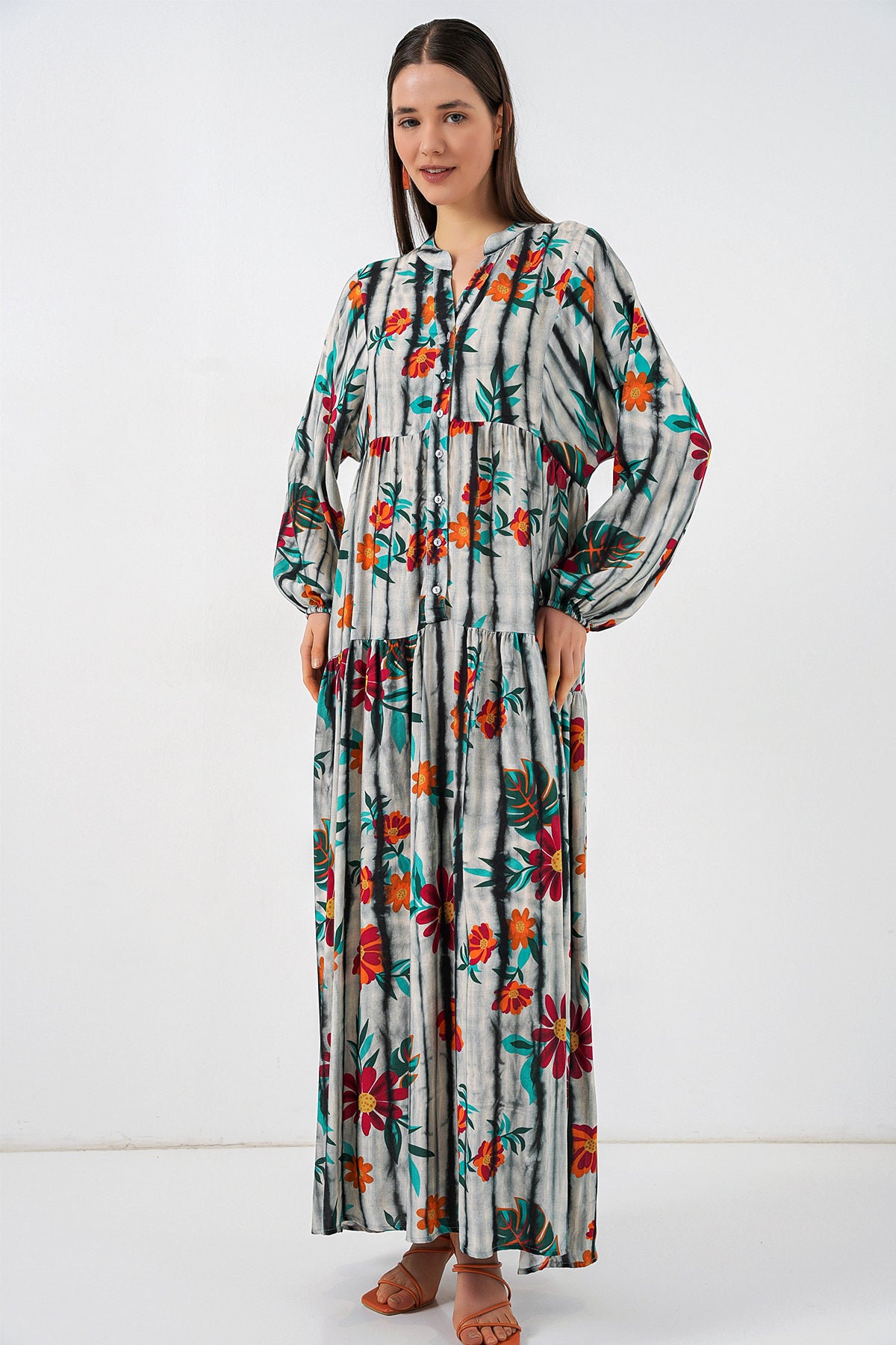 Image of Women's Patterned Long Hijab Dress 2585 - Dark Anthracite