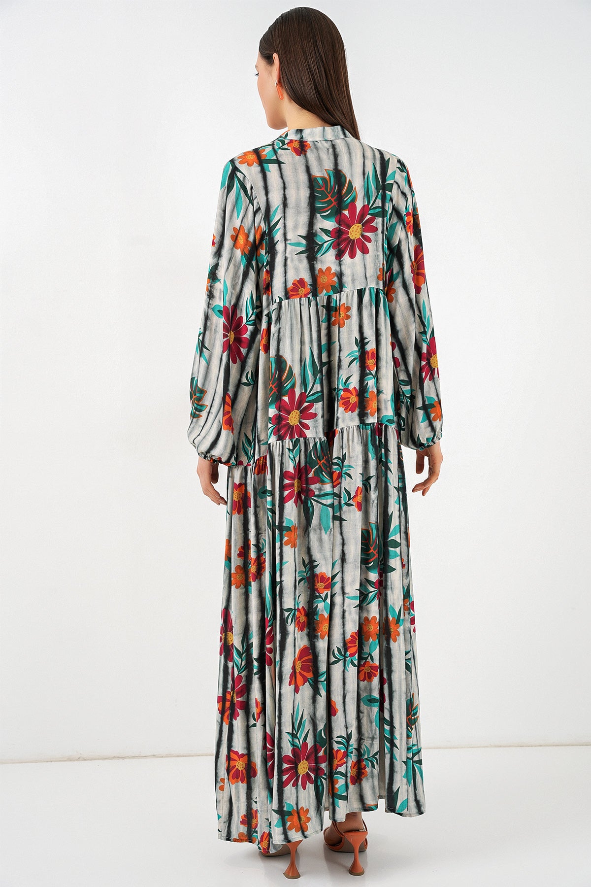 Image of Women's Patterned Long Hijab Dress 2585 - Dark Anthracite