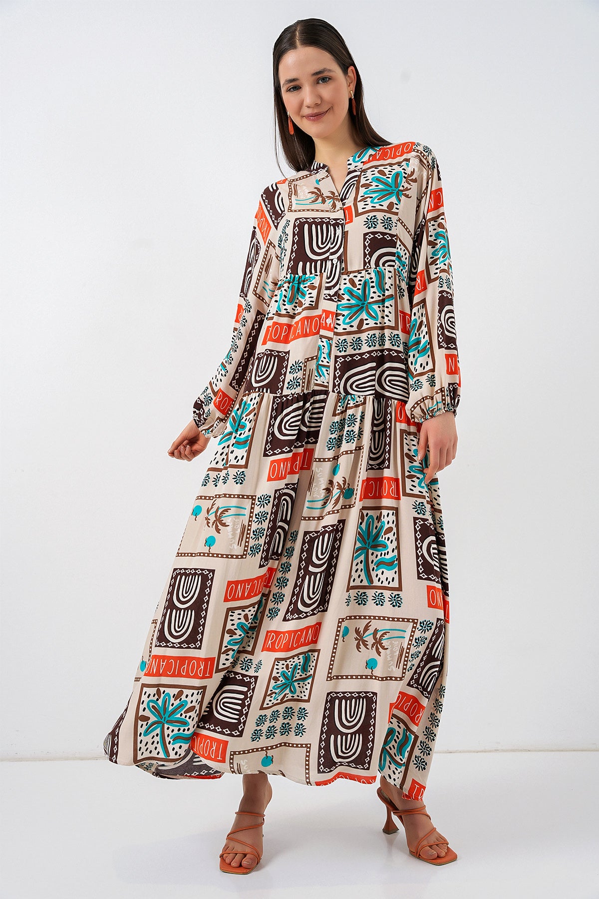 Image of Rochie lungă hijab cu imprimeu pentru femei 2585 - Maro închis