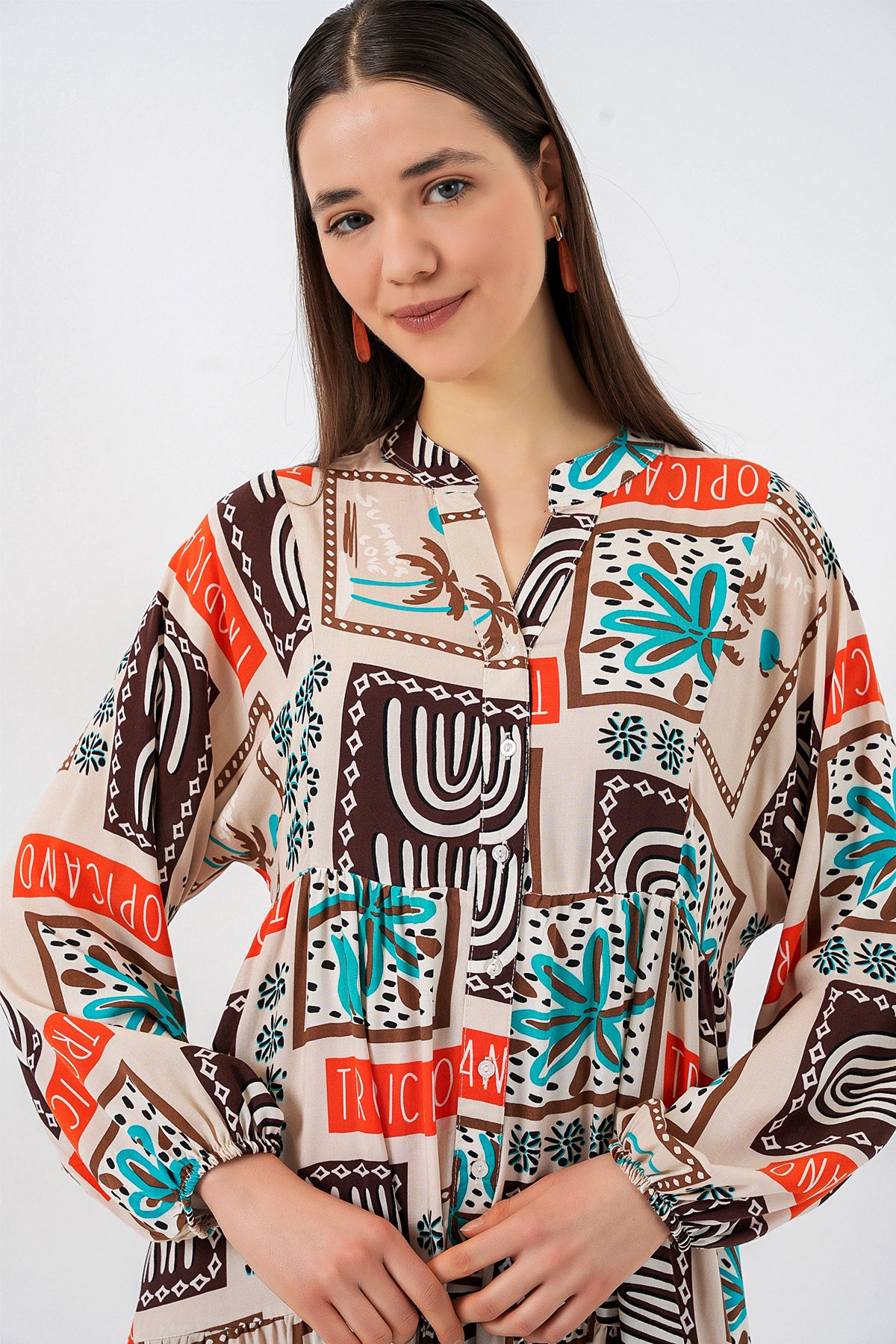 Image of Rochie lungă hijab cu imprimeu pentru femei 2585 - Maro închis