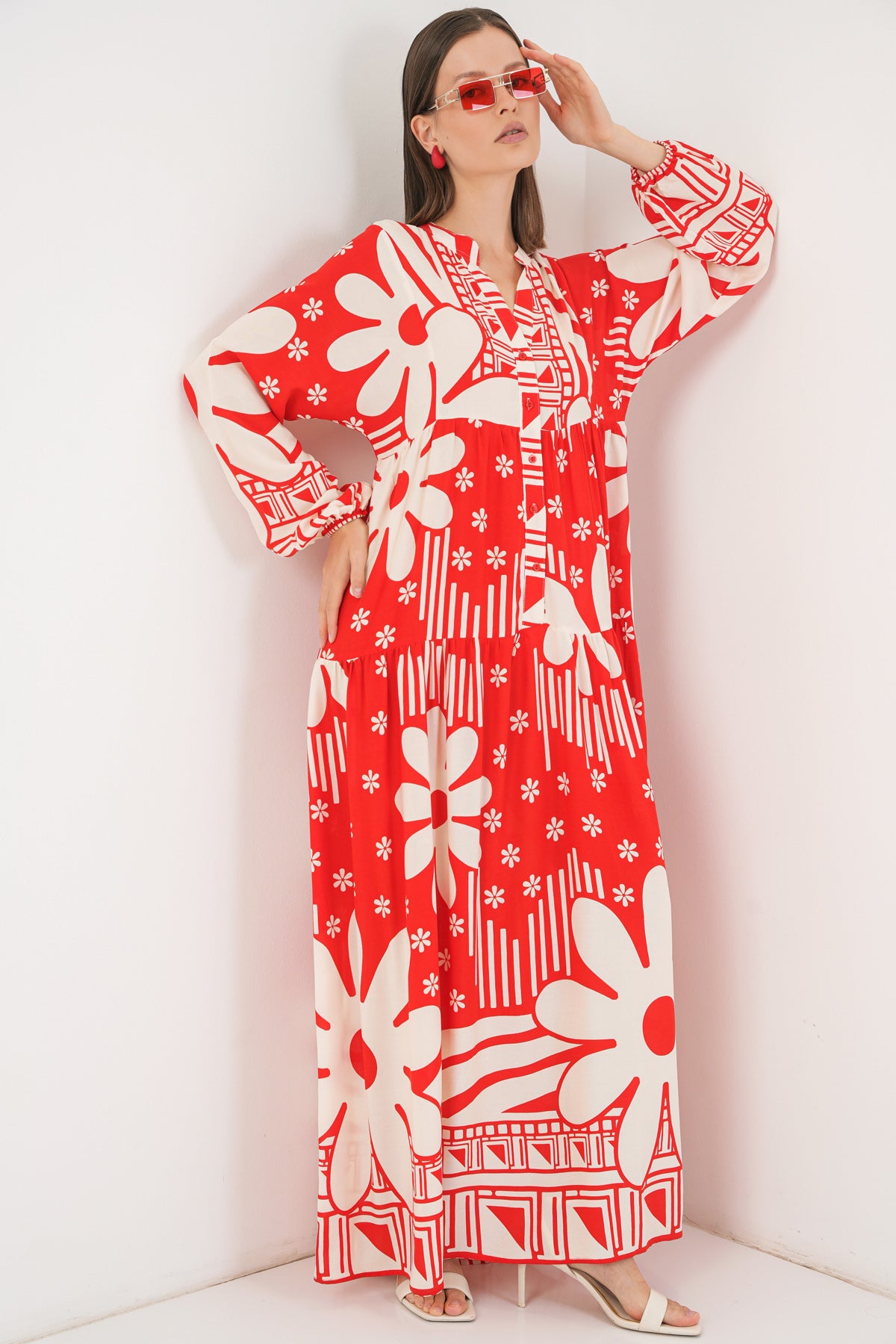 Image of Women's Patterned Long Hijab Dress 2585 - N. Red