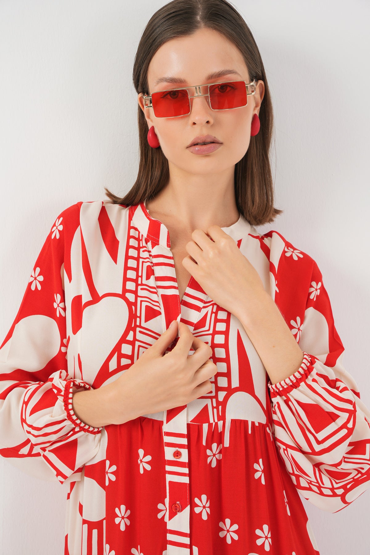Image of Women's Patterned Long Hijab Dress 2585 - N. Red