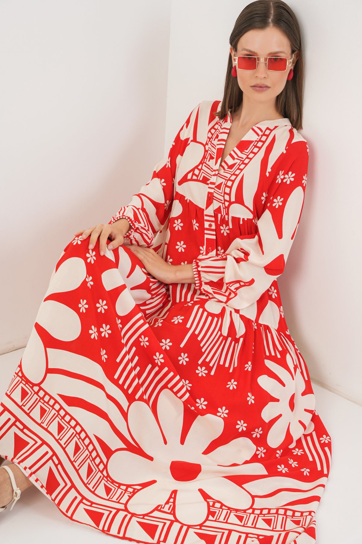 Image of Women's Patterned Long Hijab Dress 2585 - N. Red