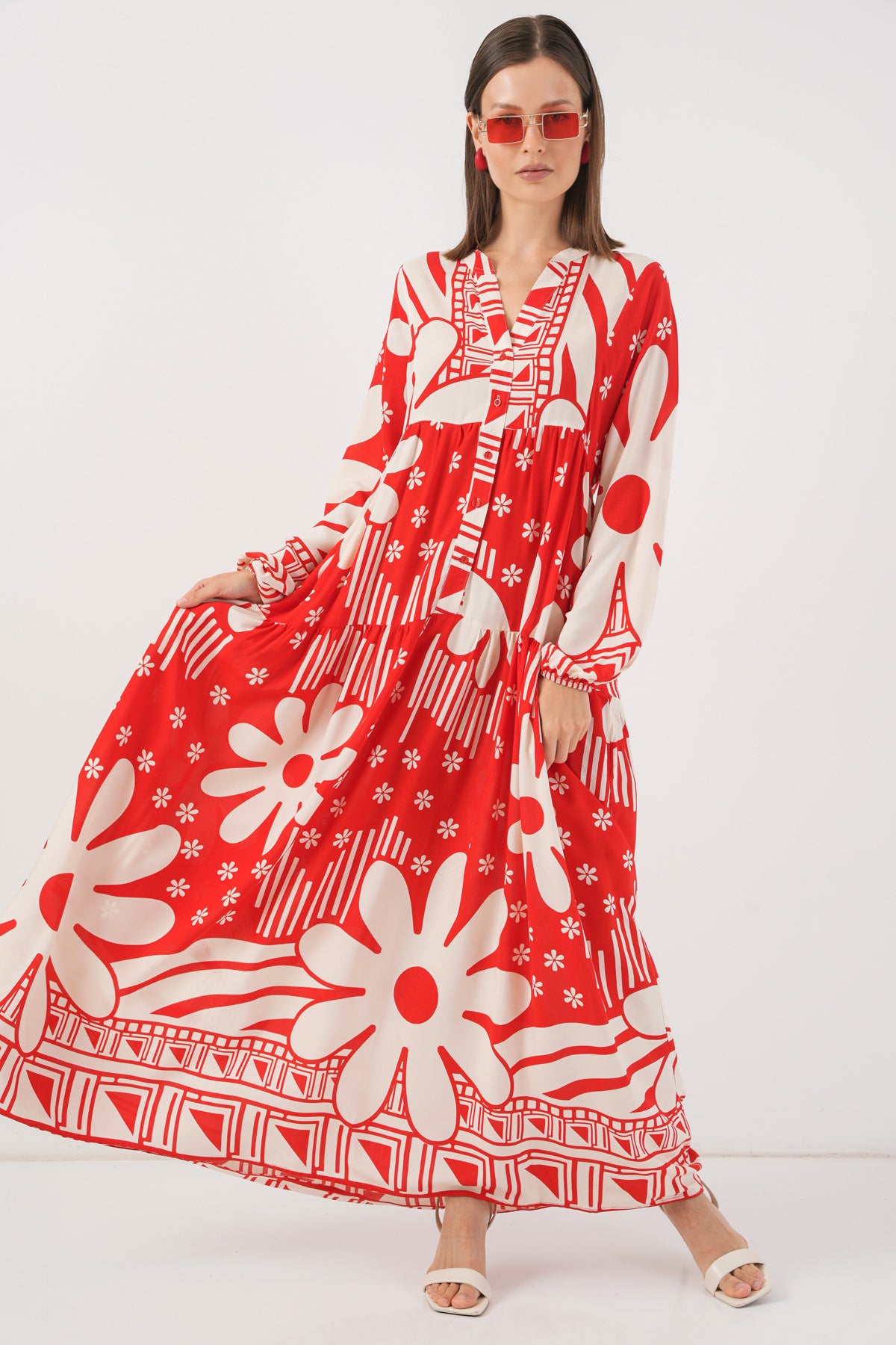Image of Women's Patterned Long Hijab Dress 2585 - N. Red