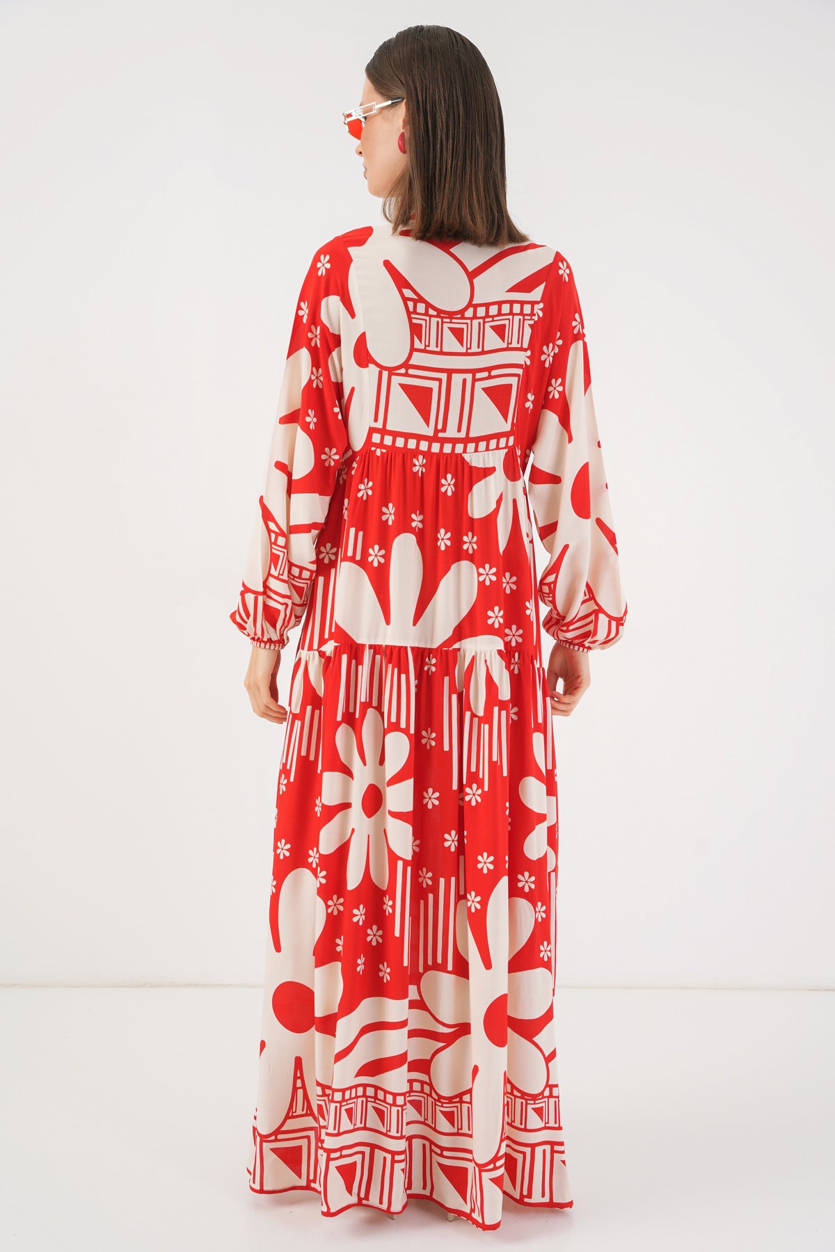 Image of Women's Patterned Long Hijab Dress 2585 - N. Red