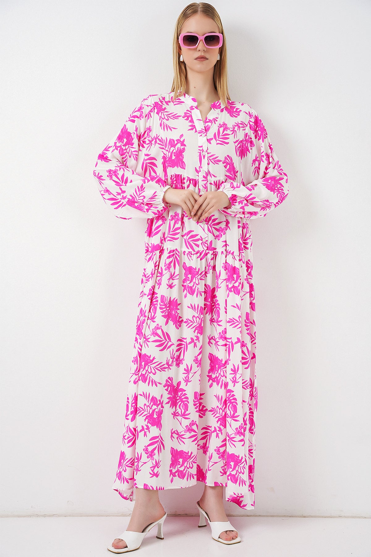 Image of Kadın Desenli Uzun Tesettür Elbise 2585 - Pembe