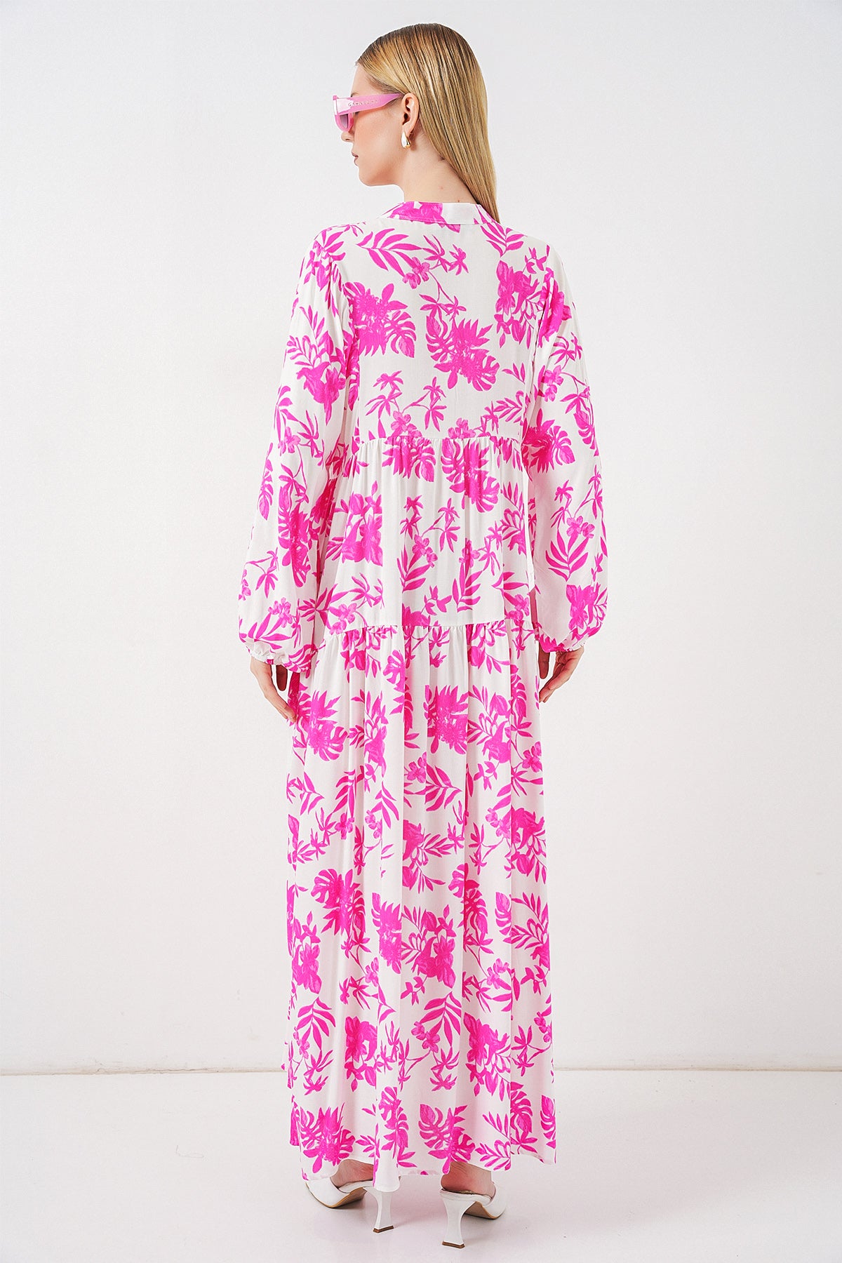 Image of Kadın Desenli Uzun Tesettür Elbise 2585 - Pembe