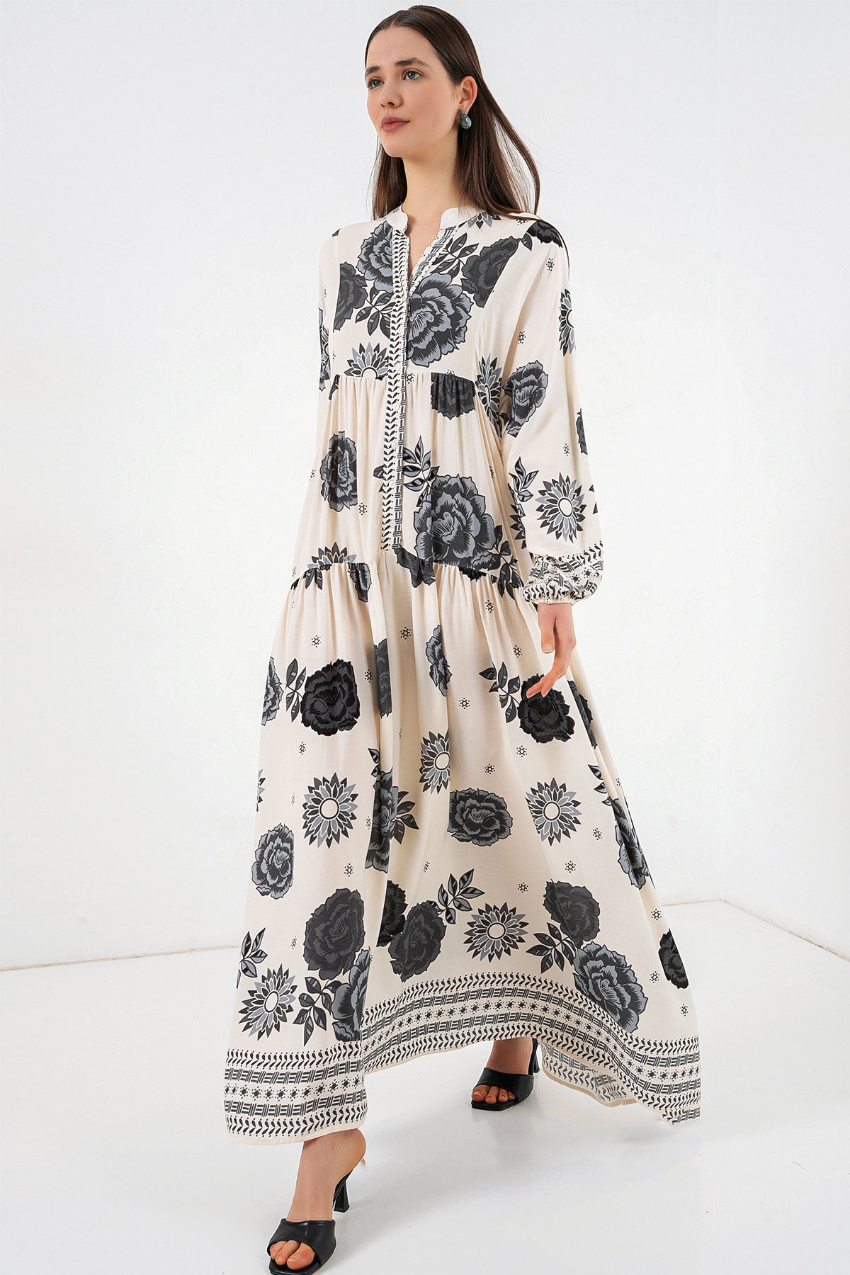 Image of Rochie lungă hijab cu imprimeu pentru femei 2585 - Ecru închis