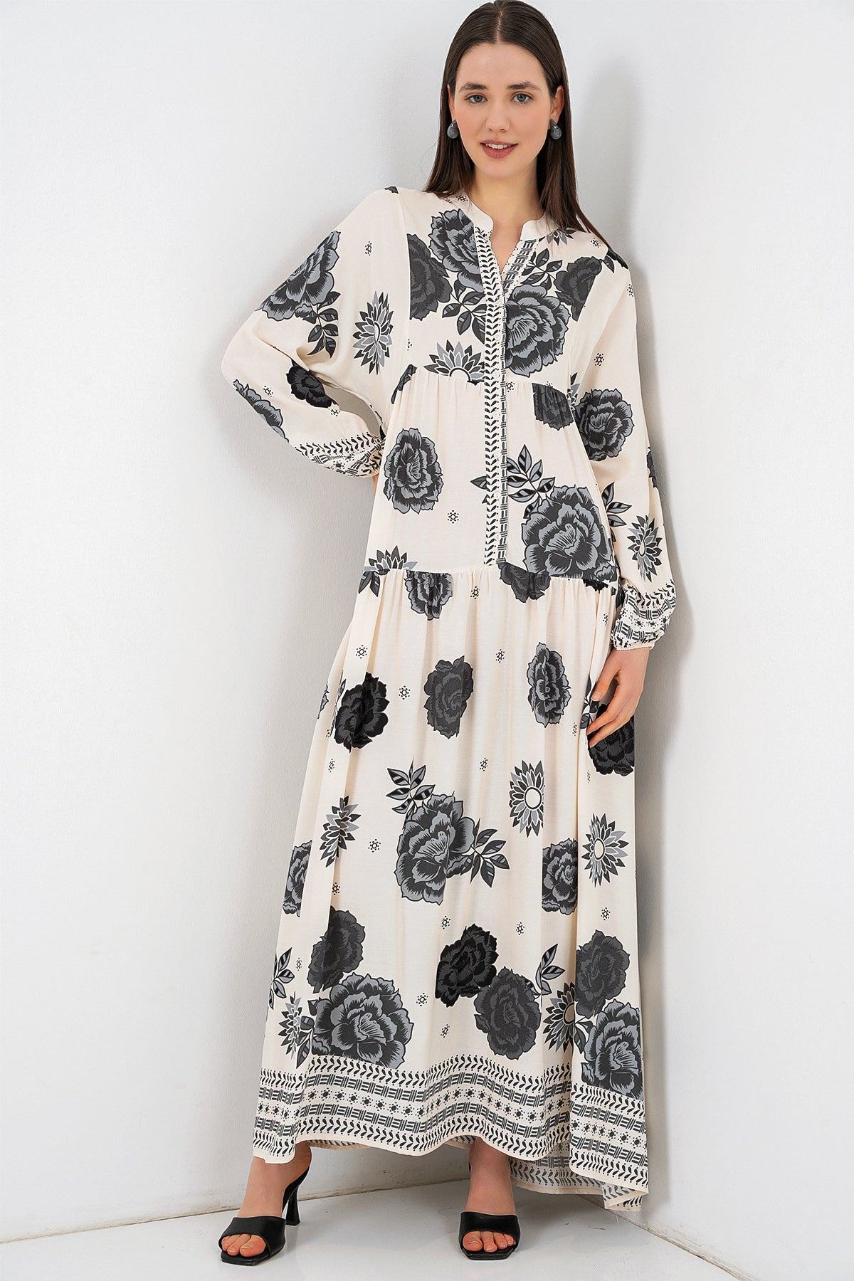 Image of Rochie lungă hijab cu imprimeu pentru femei 2585 - Ecru închis