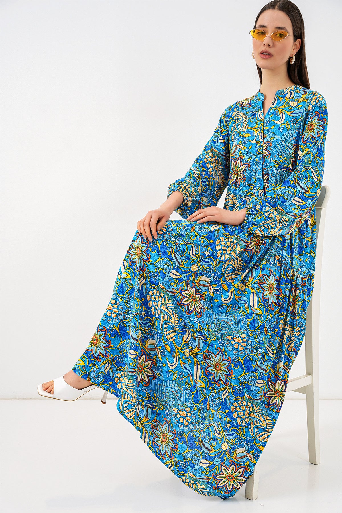 Image of Kadın Desenli Uzun Tesettür Elbise 2585 - Turkuaz