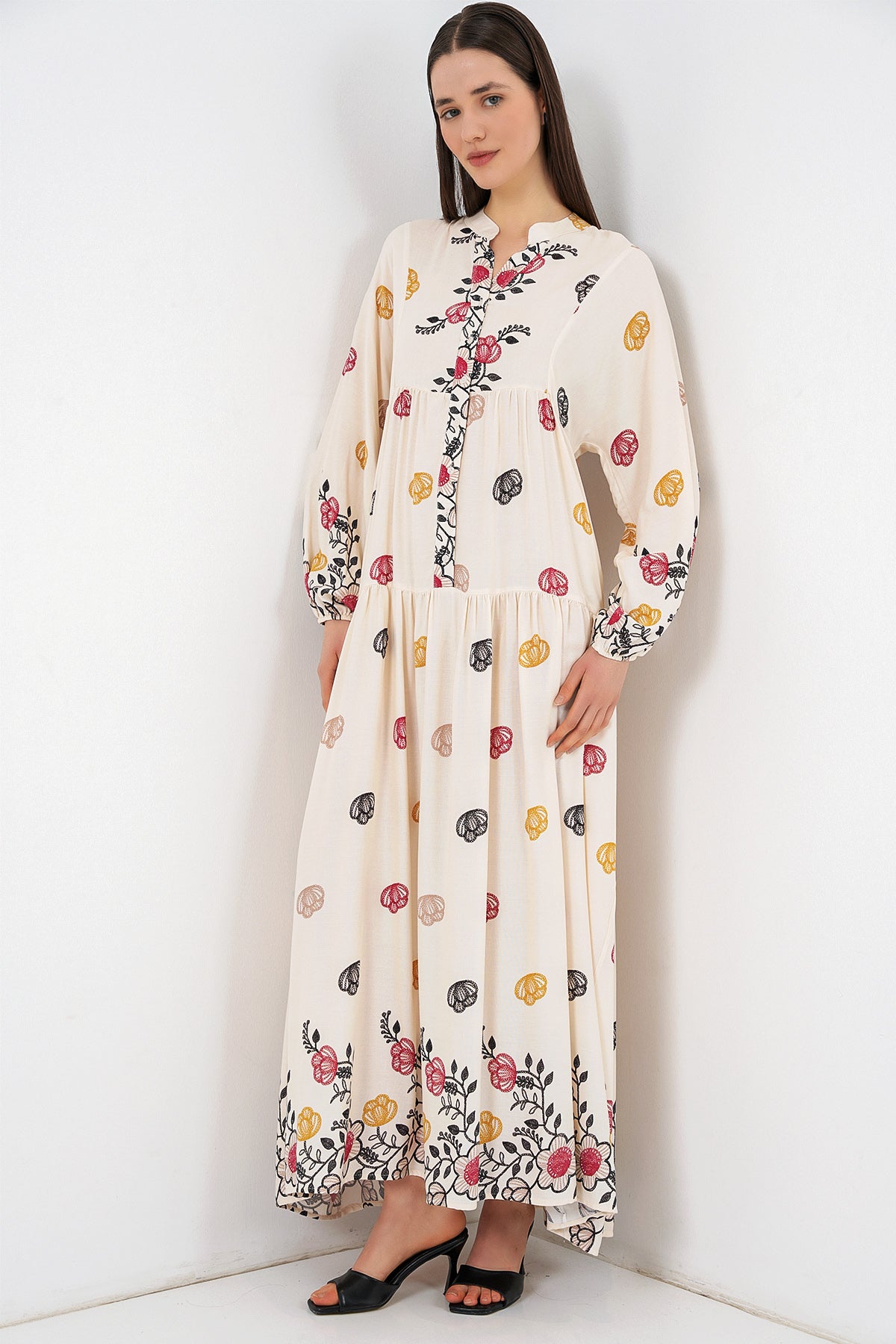 Image of Women's Patterned Long Hijab Dress 2585 - Light Beige