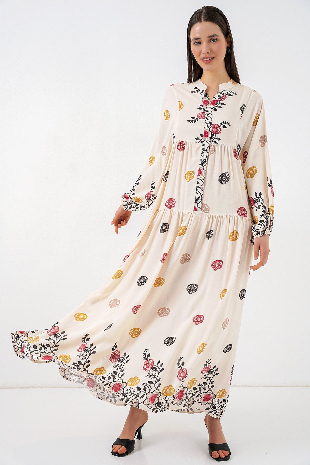 Image of Women's Patterned Long Hijab Dress 2585 - Light Beige