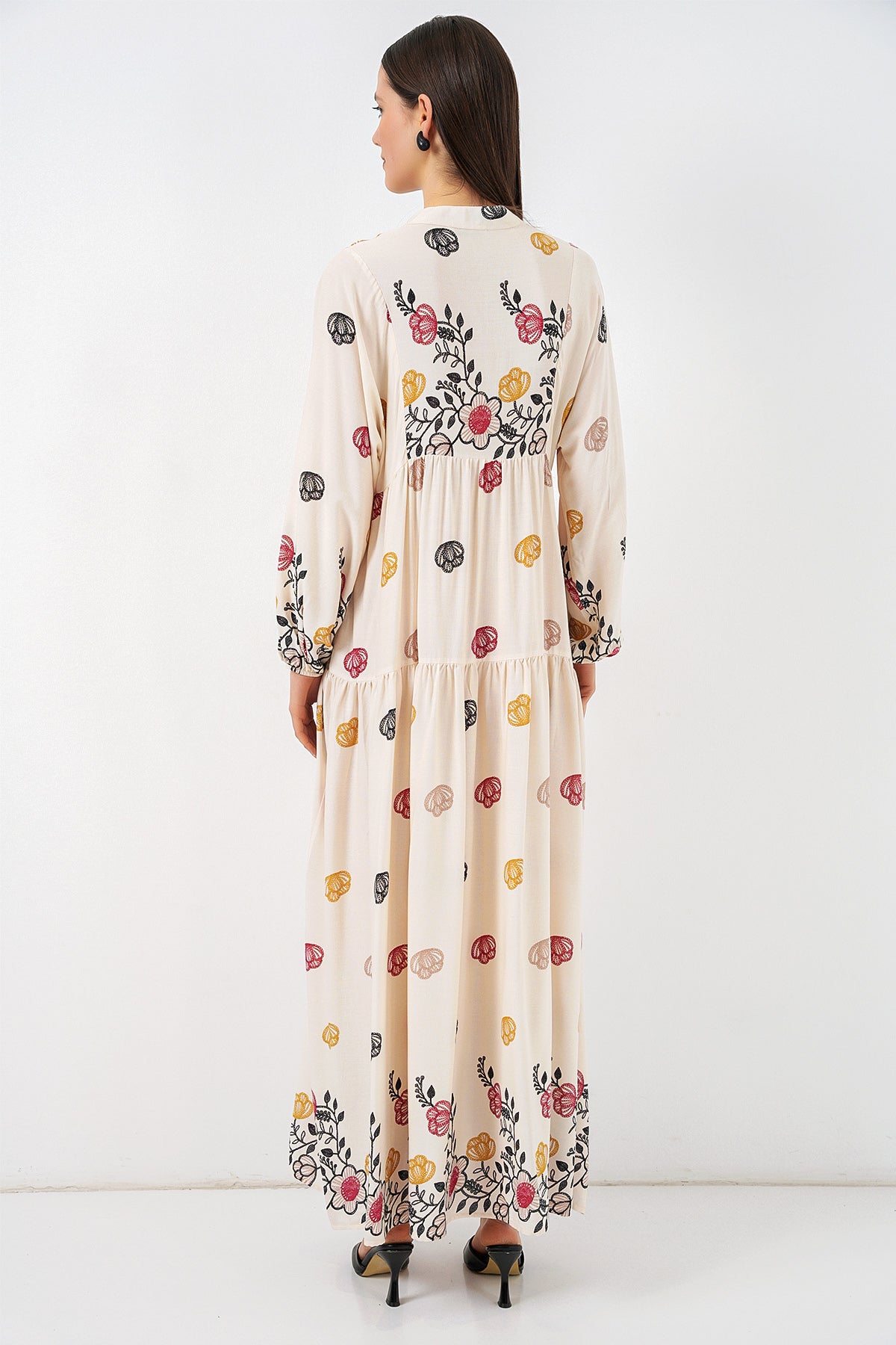 Image of Women's Patterned Long Hijab Dress 2585 - Light Beige