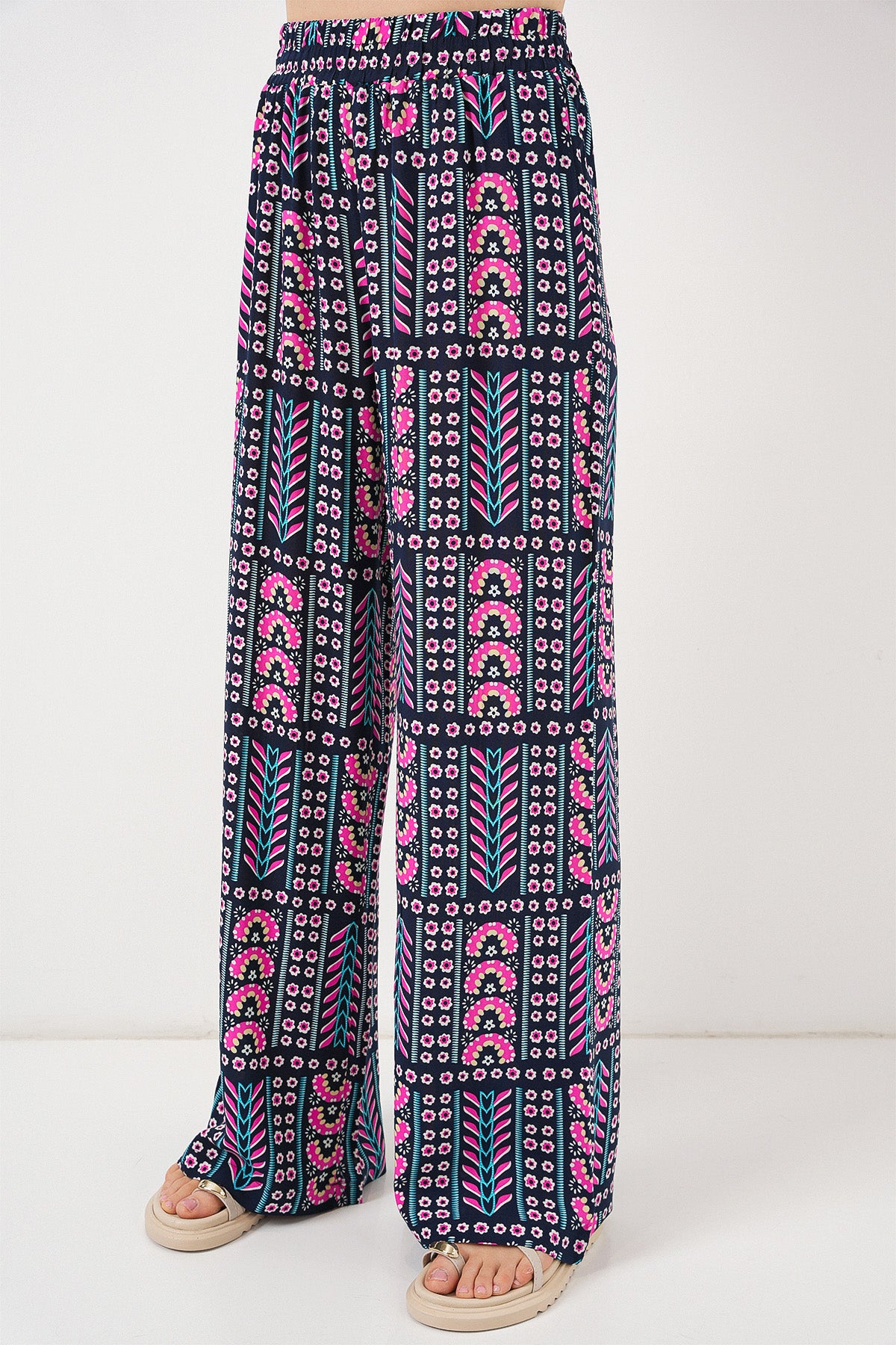 Image of Pantaloni din viscoză cu model pentru femei 6749 - Bleumarin