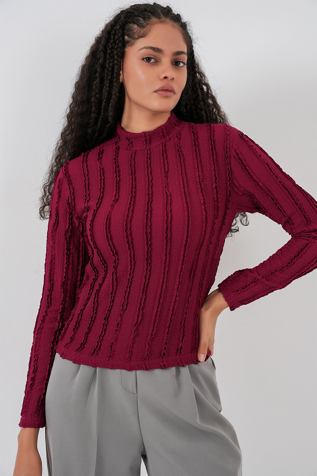 Image of Kadın Dokulu Esnek Örme Bluz 975 - Bordo