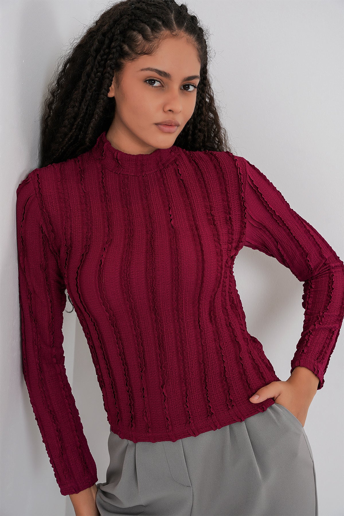 Image of Kadın Dokulu Esnek Örme Bluz 975 - Bordo