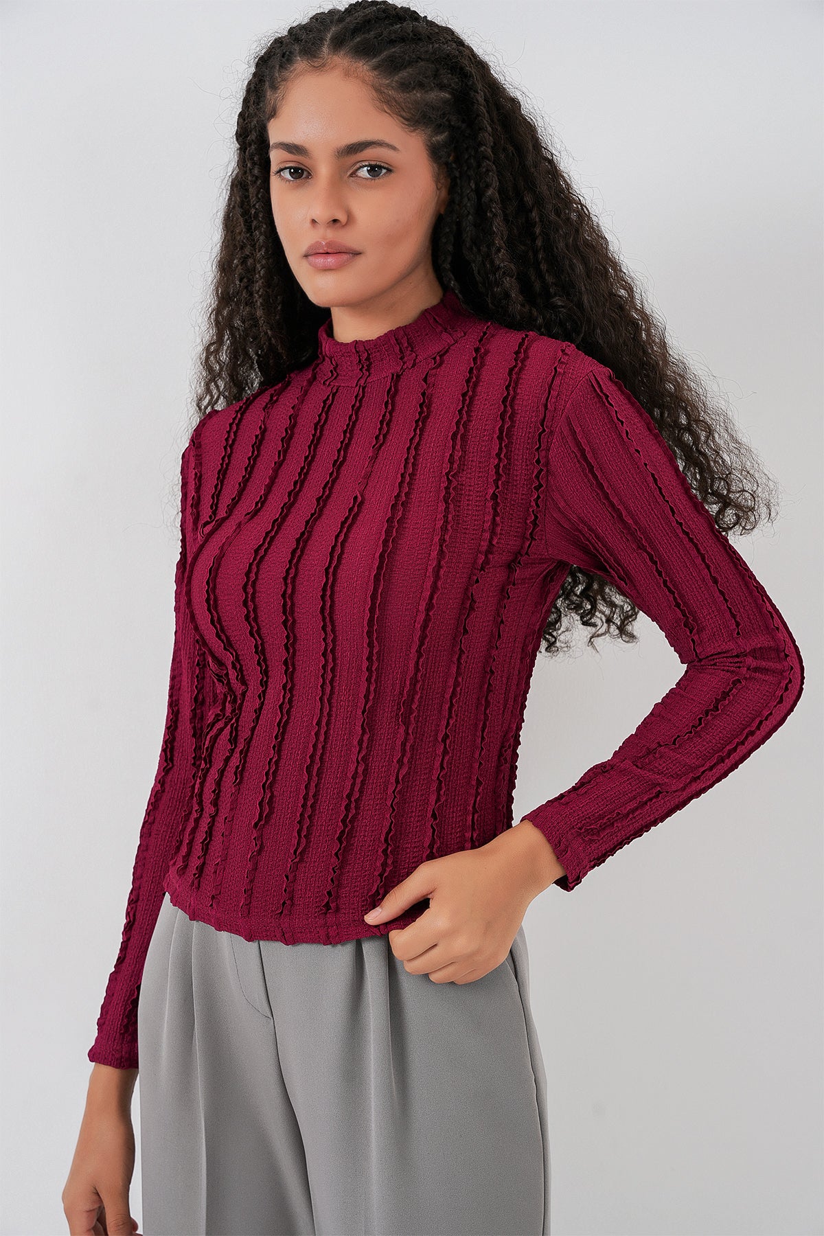 Image of Kadın Dokulu Esnek Örme Bluz 975 - Bordo