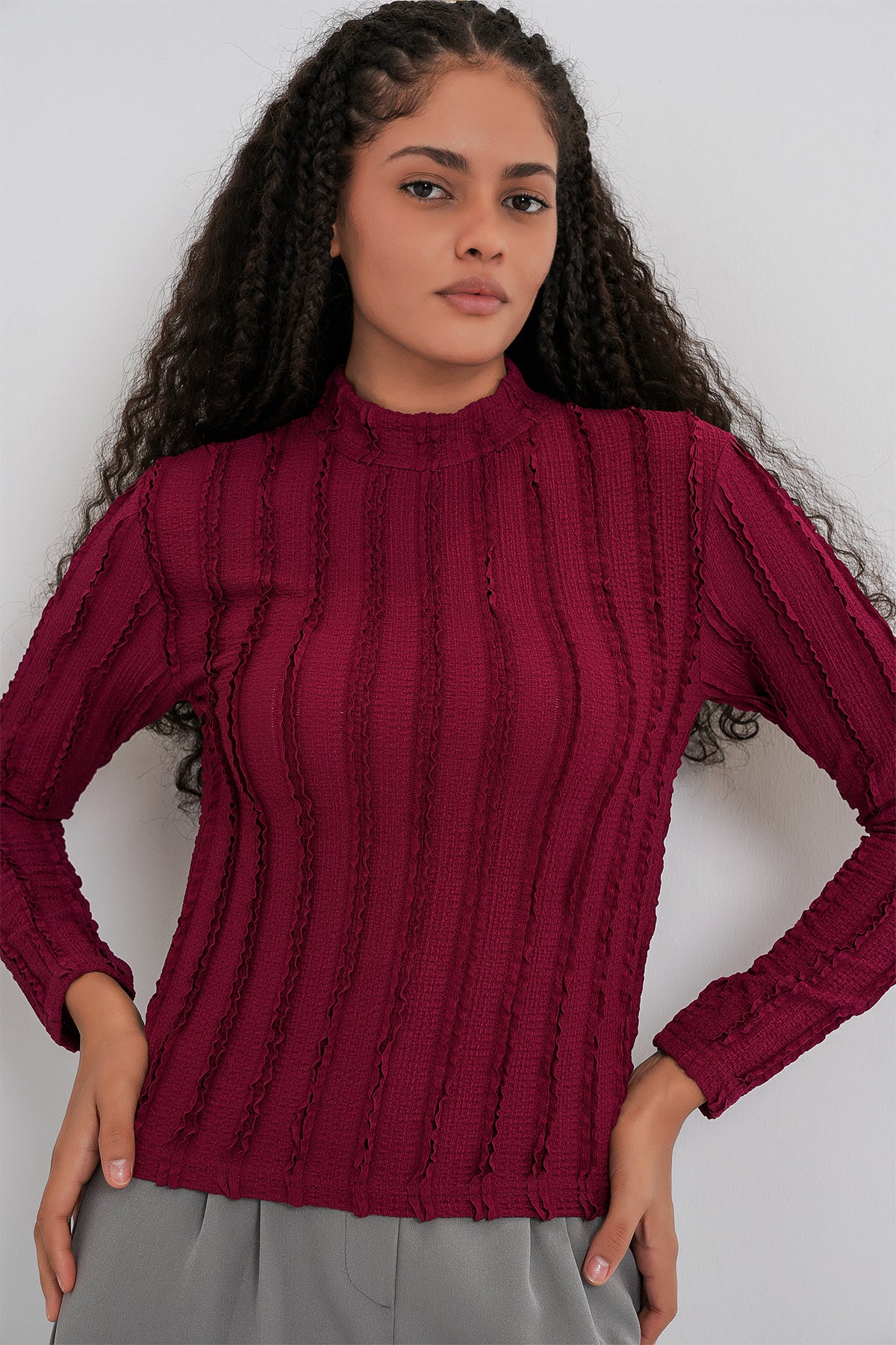 Image of Kadın Dokulu Esnek Örme Bluz 975 - Bordo