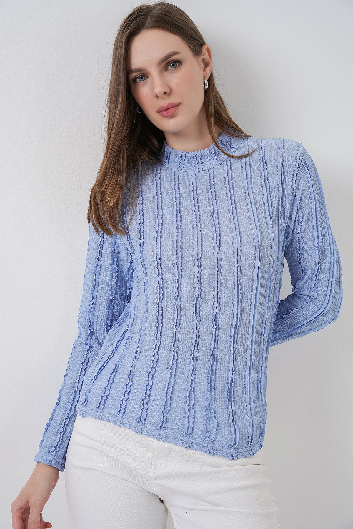 Image of Women's Textured Stretch Knit Blouse 975 - Blue