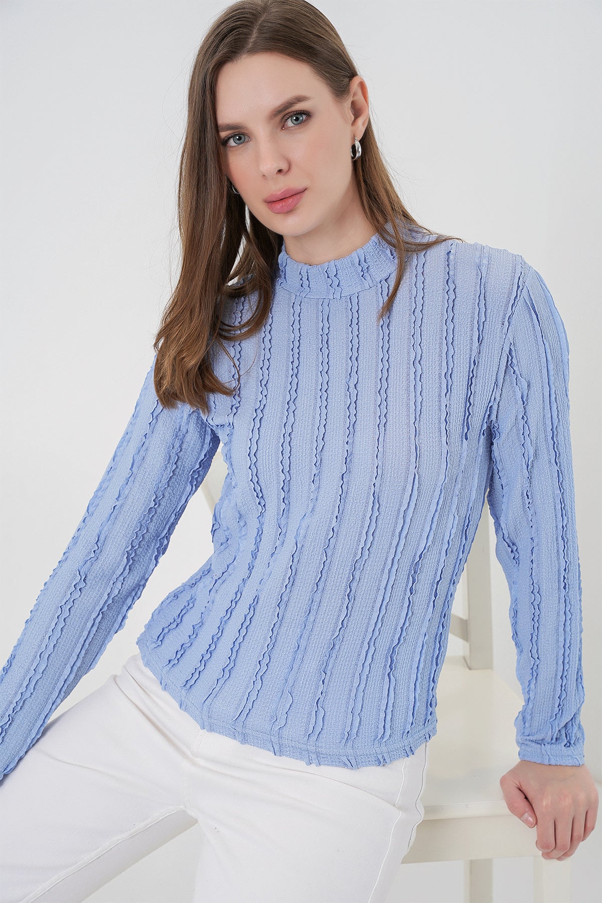 Image of Women's Textured Stretch Knit Blouse 975 - Blue