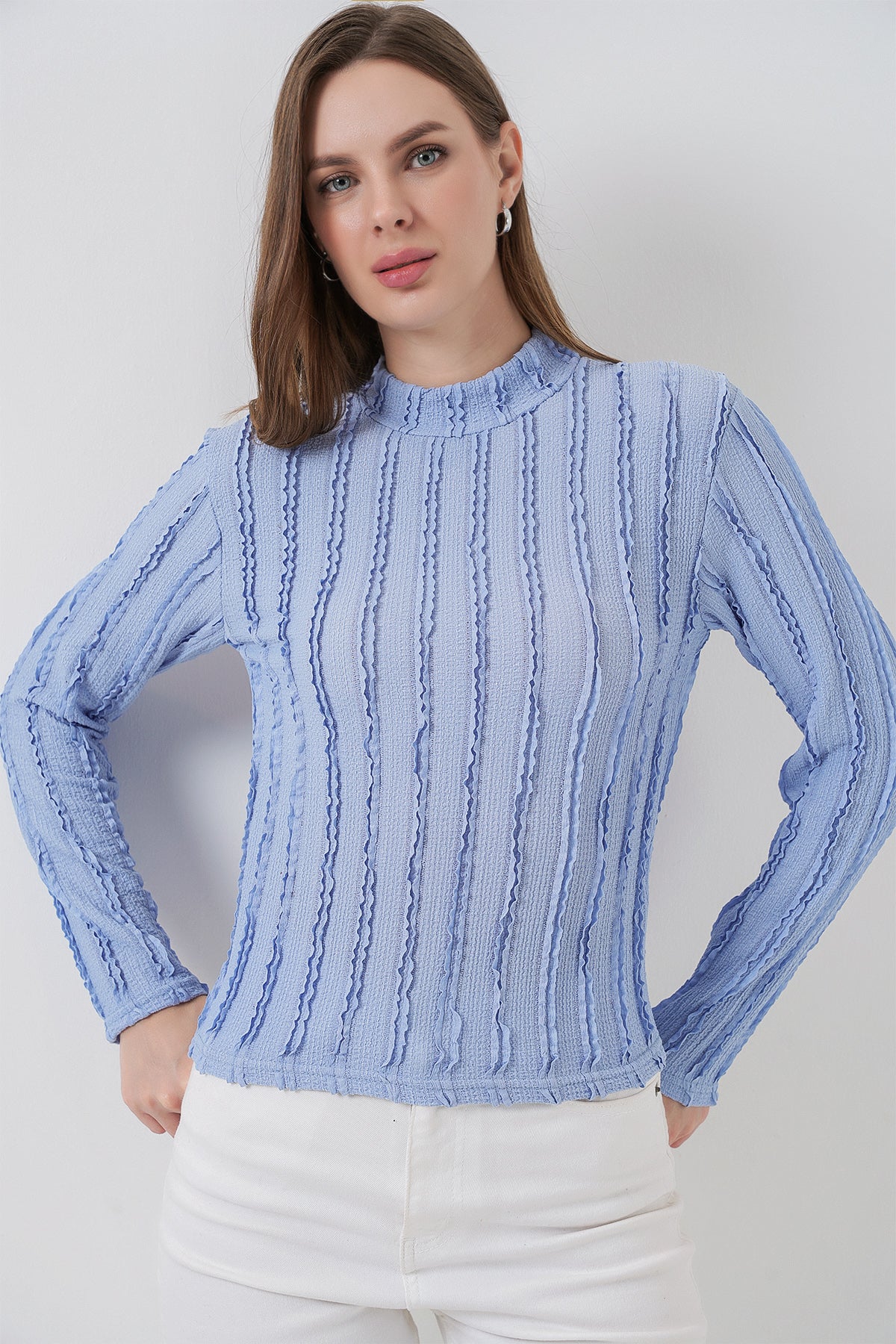 Image of Women's Textured Stretch Knit Blouse 975 - Blue
