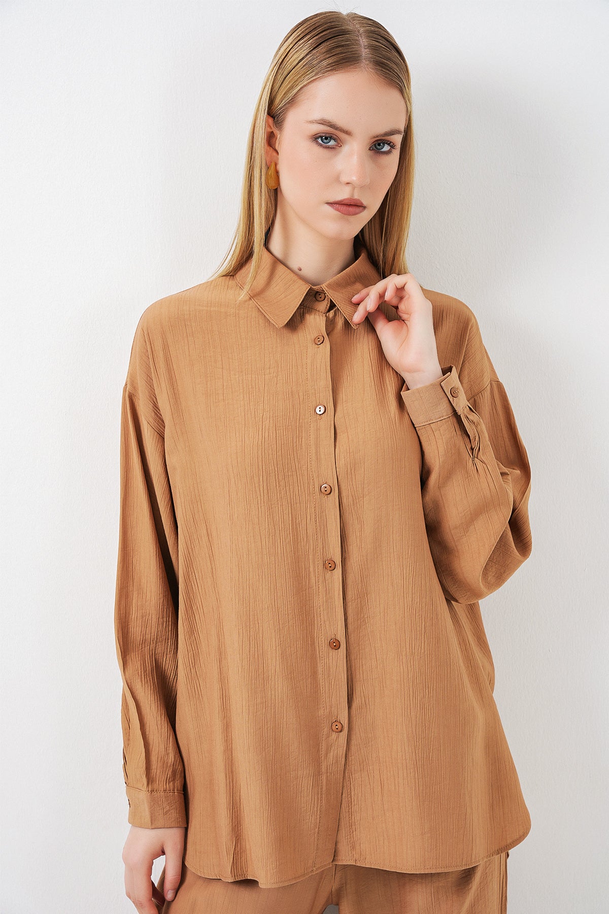 Image of Kadın Dokulu Gömlek Pantolon İkili Takım 6710 - Camel