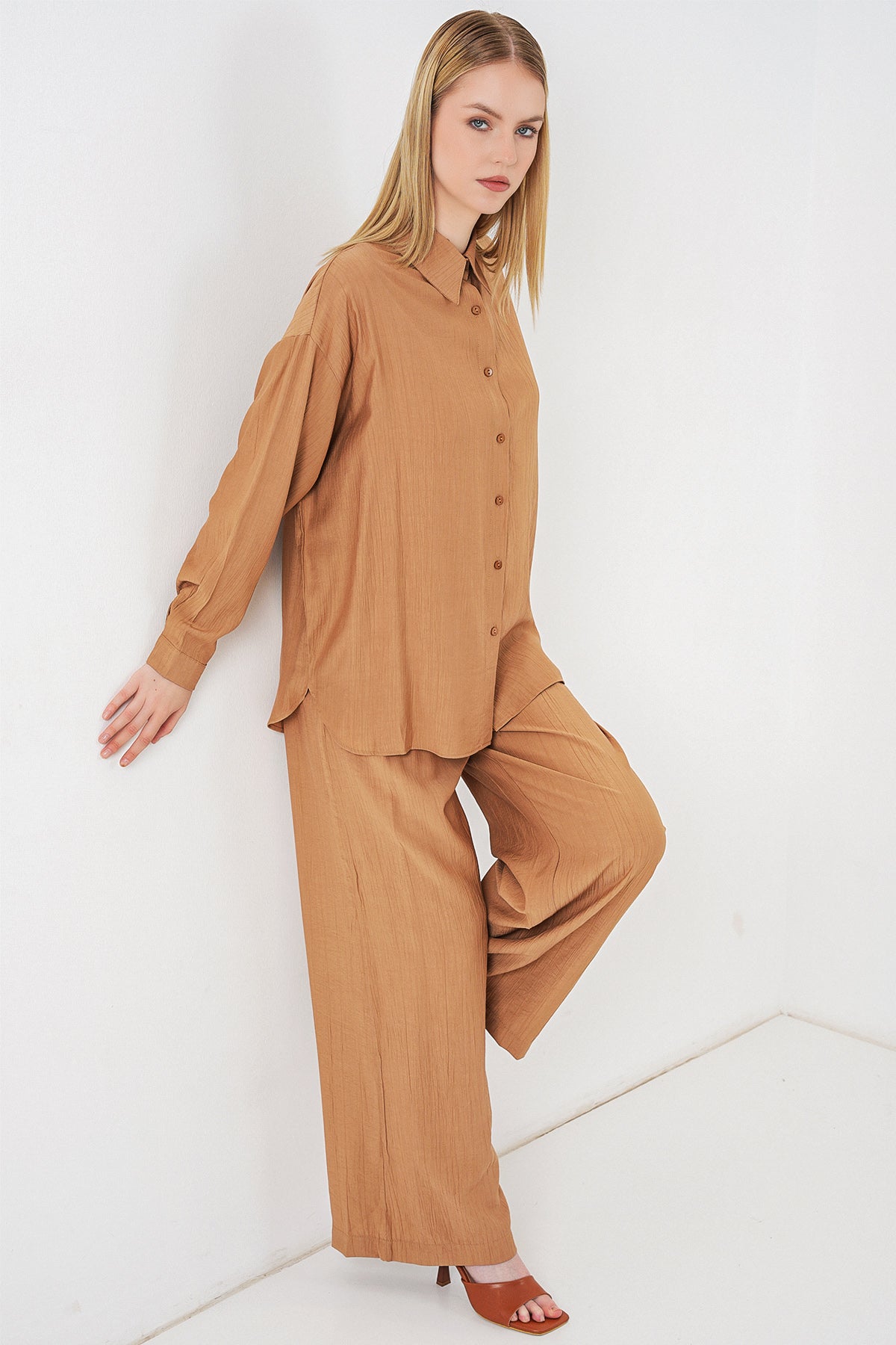 Image of Kadın Dokulu Gömlek Pantolon İkili Takım 6710 - Camel