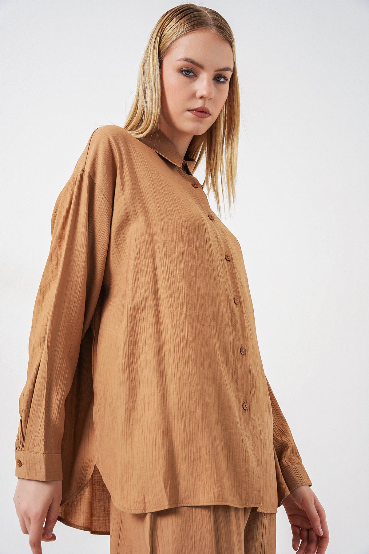 Image of Kadın Dokulu Gömlek Pantolon İkili Takım 6710 - Camel