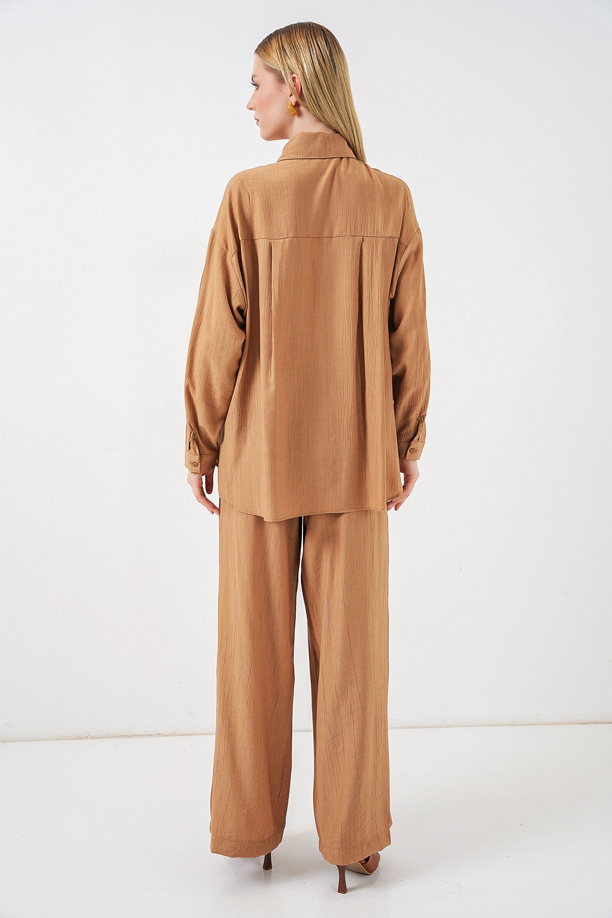 Image of Kadın Dokulu Gömlek Pantolon İkili Takım 6710 - Camel
