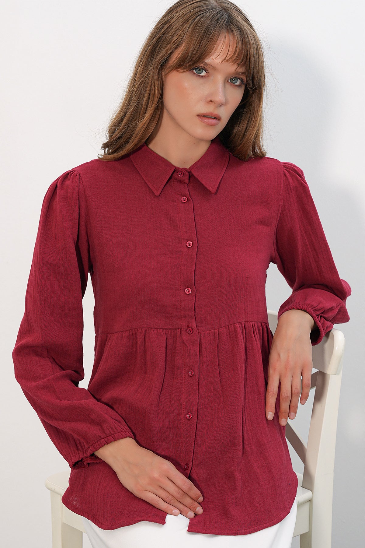 Image of Kadın Dokulu Oversize Keten Gömlek 20381 - Bordo