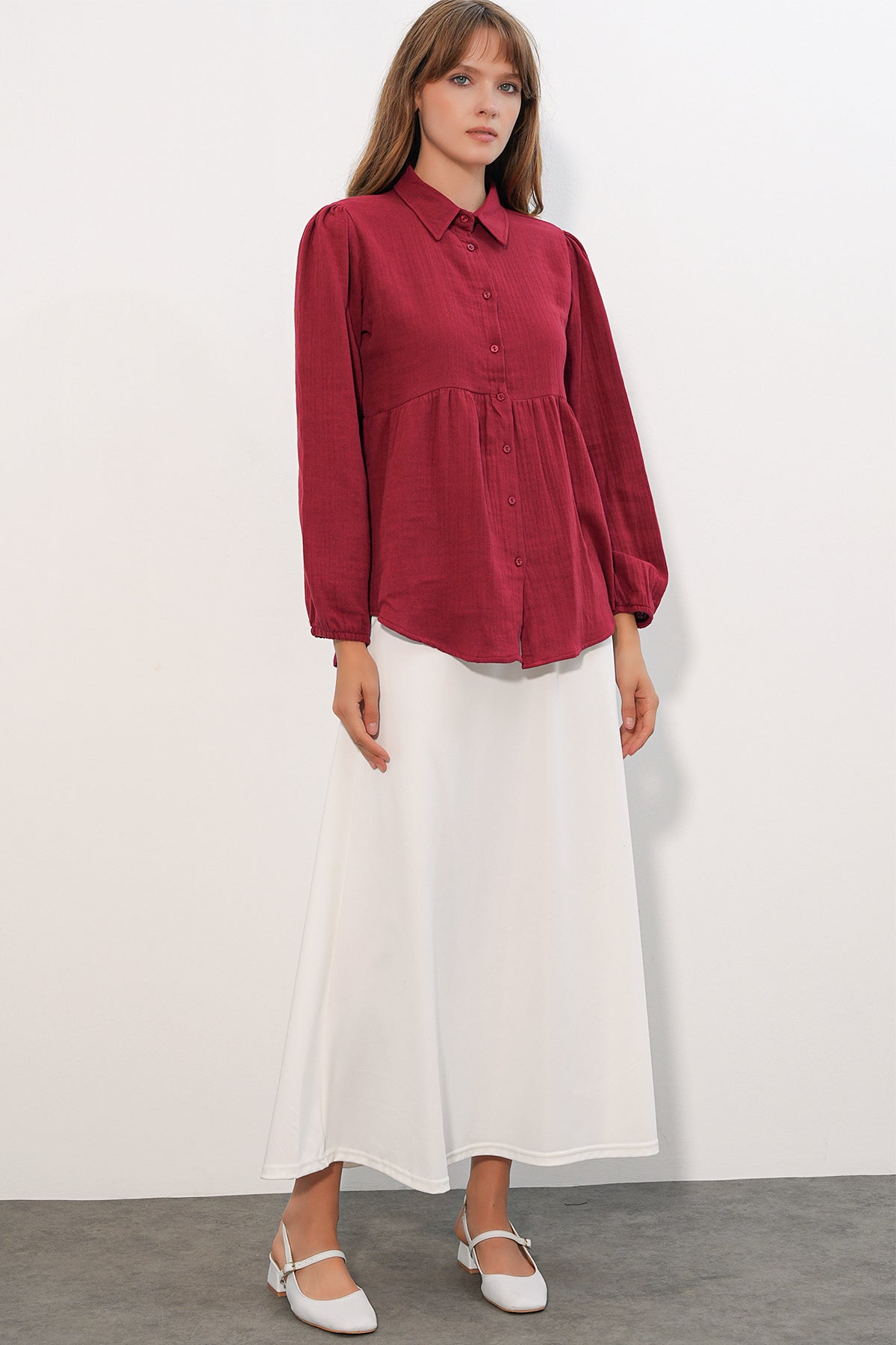 Image of Kadın Dokulu Oversize Keten Gömlek 20381 - Bordo