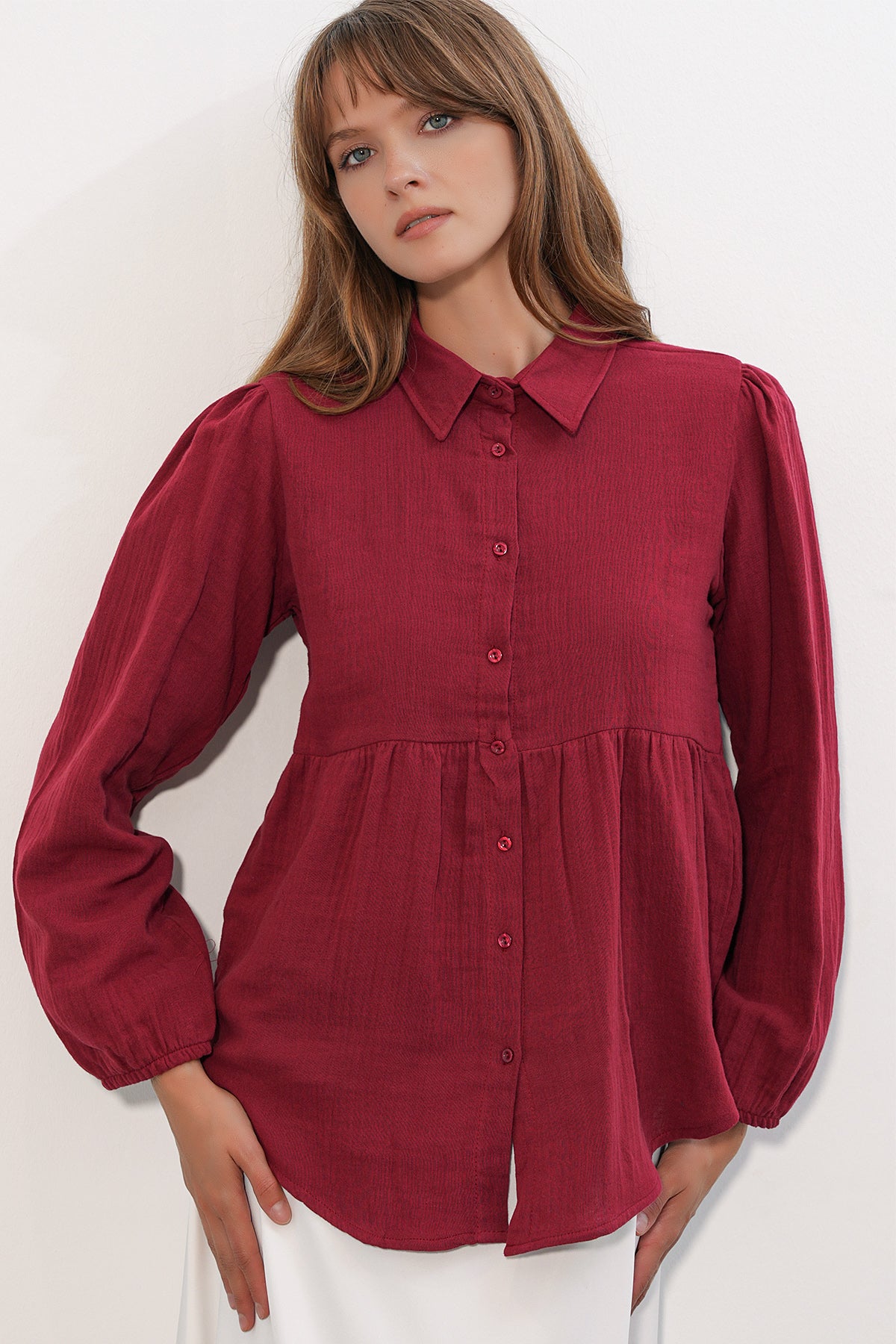 Image of Kadın Dokulu Oversize Keten Gömlek 20381 - Bordo