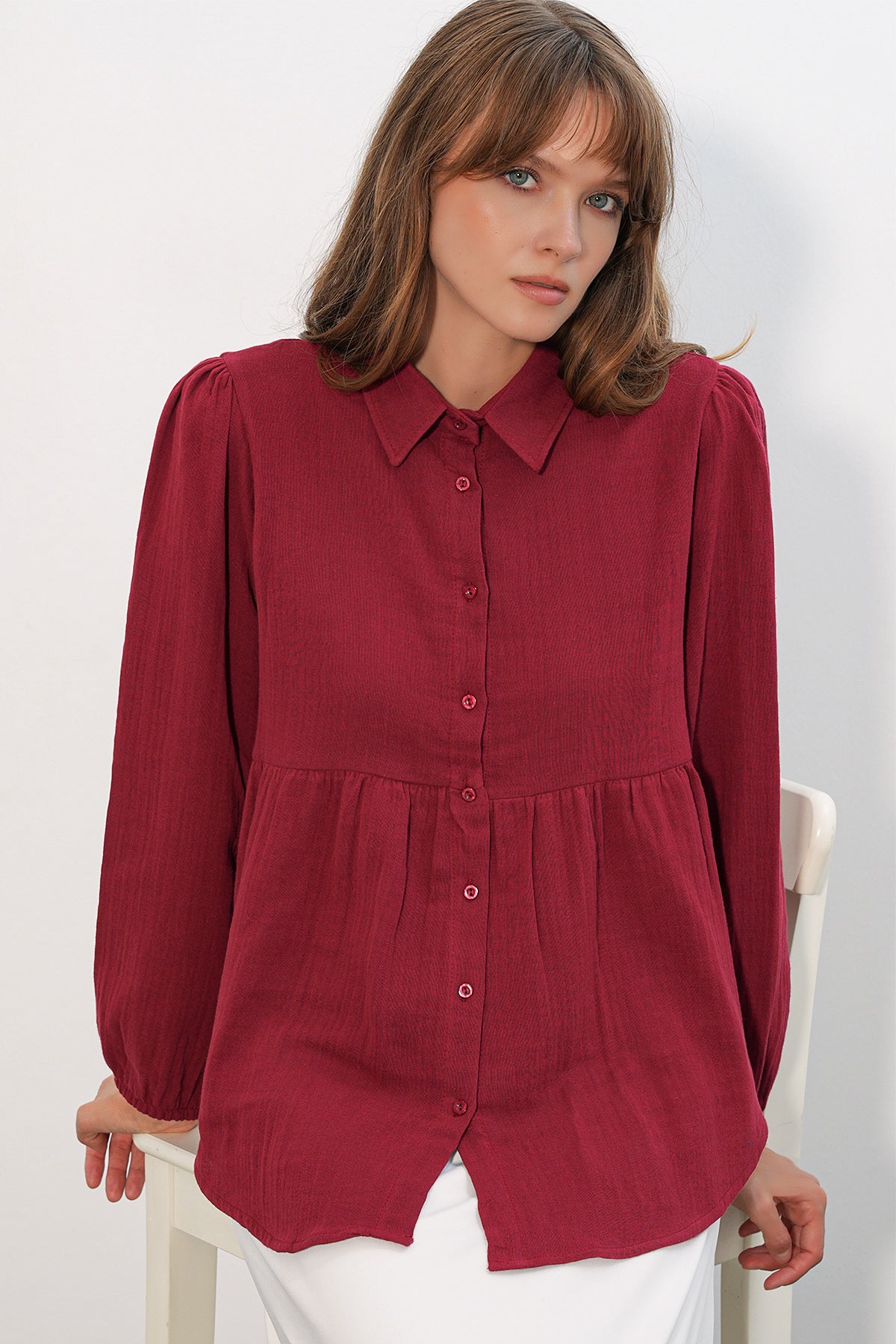 Image of Kadın Dokulu Oversize Keten Gömlek 20381 - Bordo