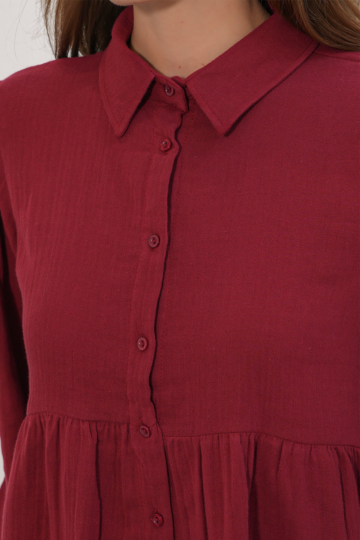 Image of Kadın Dokulu Oversize Keten Gömlek 20381 - Bordo