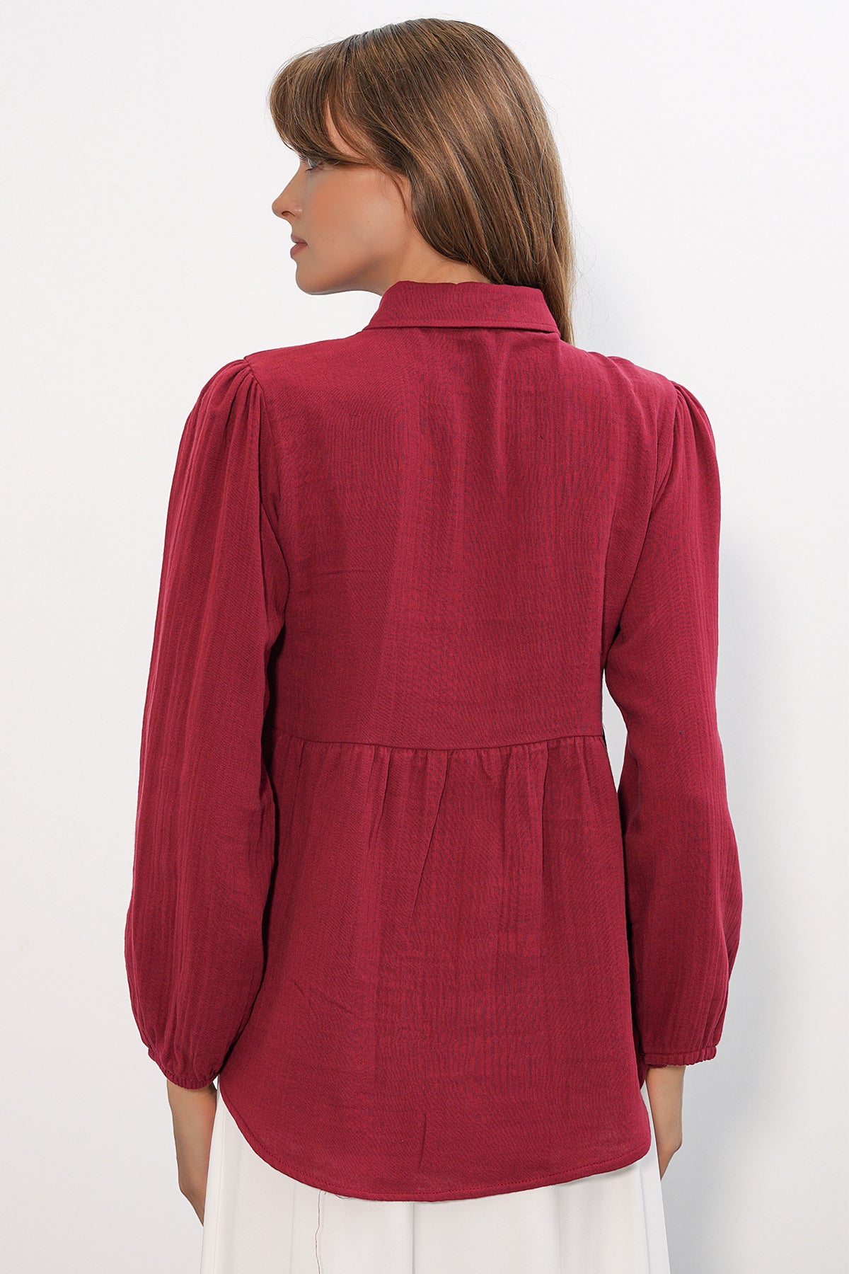 Image of Kadın Dokulu Oversize Keten Gömlek 20381 - Bordo