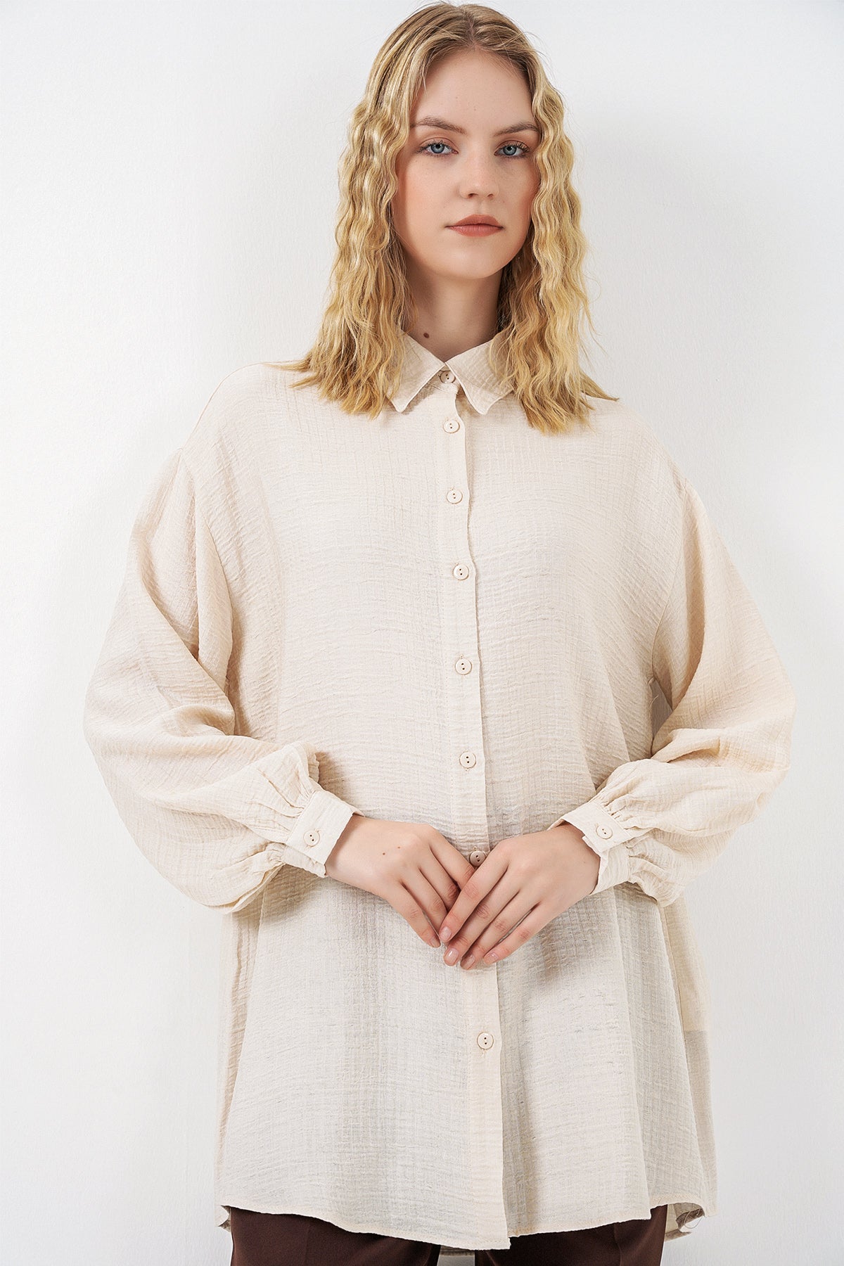 Image of Kadın Dokulu Oversize Tunik 5989 - Krem